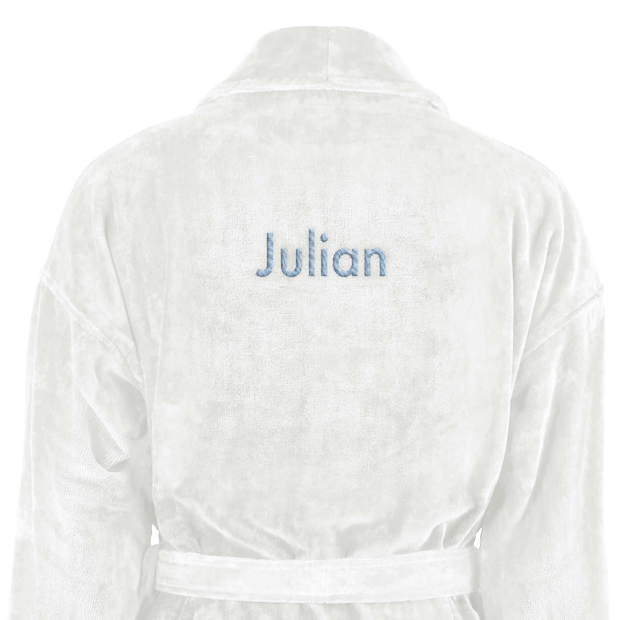 Weißer Frottee-Bademantel, bestickt mit dem Namen "Julian" in Hellblau auf dem Rücken, Ihr eigener Bademantel mit Namen bestickt!