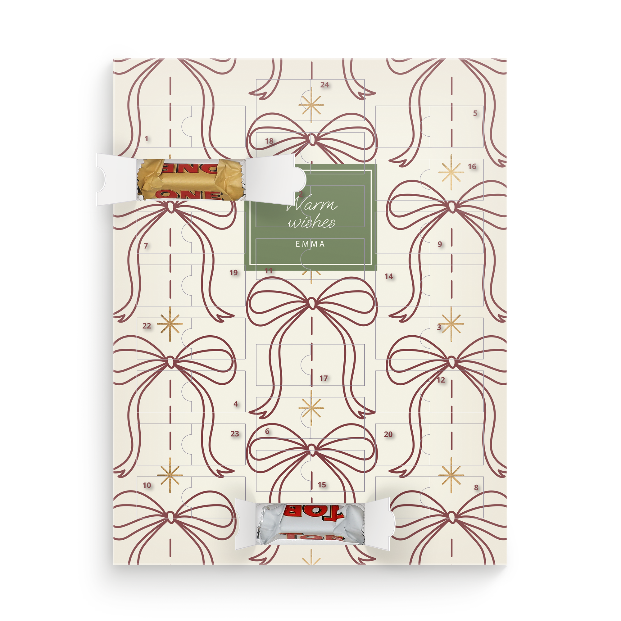 Christmas advent calendar with bow design printed with Warm Wishes and a customizable name Emma filled with Toblerone chocolate