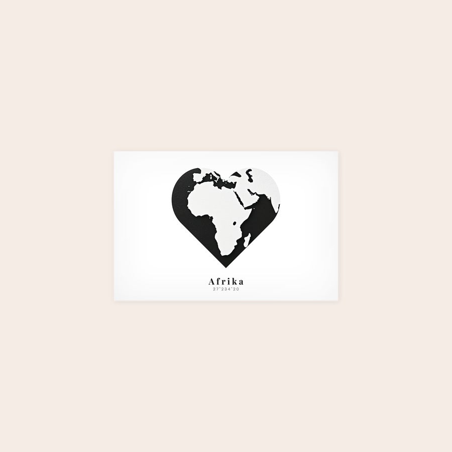 Poster photo prints Black and white heart-shaped Africa map poster photo print with "Afrika" and coordinates 27°23'4°20 printed below