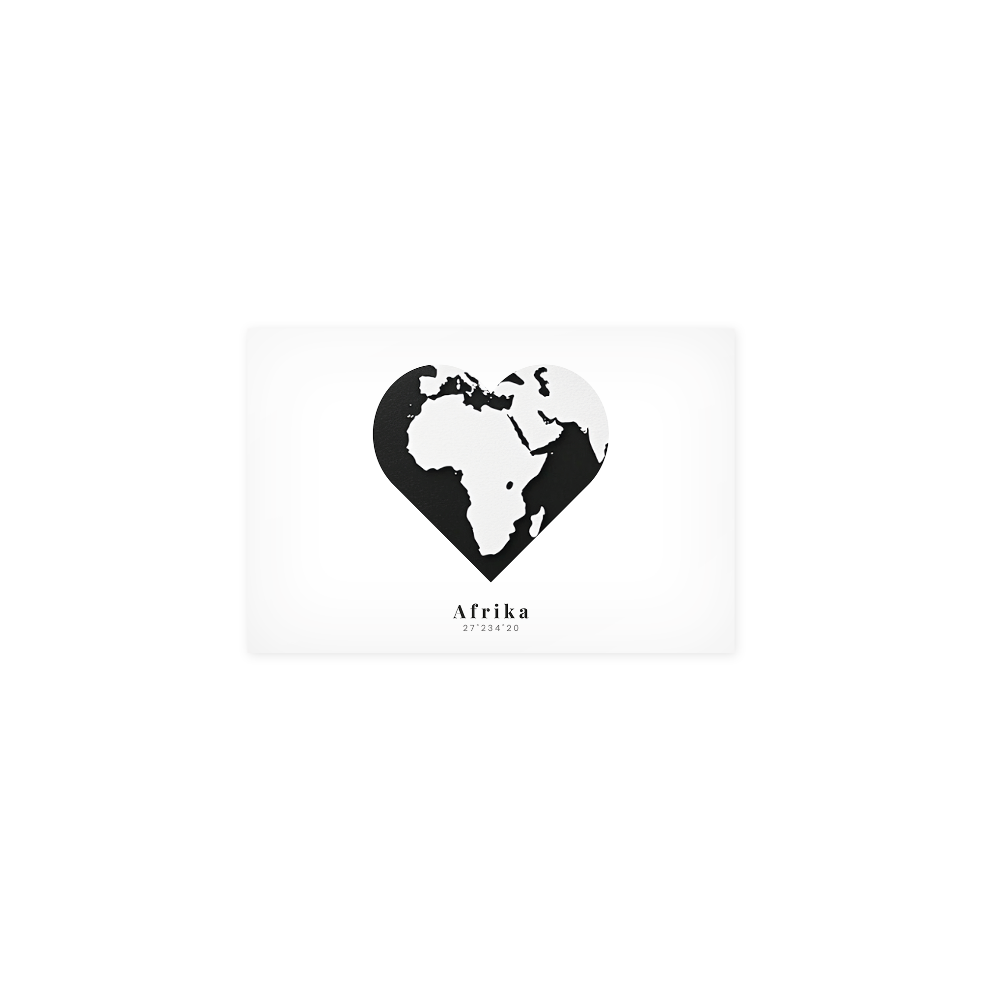 Poster personnalisé noir et blanc avec une carte de l'Afrique en forme de cœur et le texte "Afrika 27°234'20" imprimé en bas