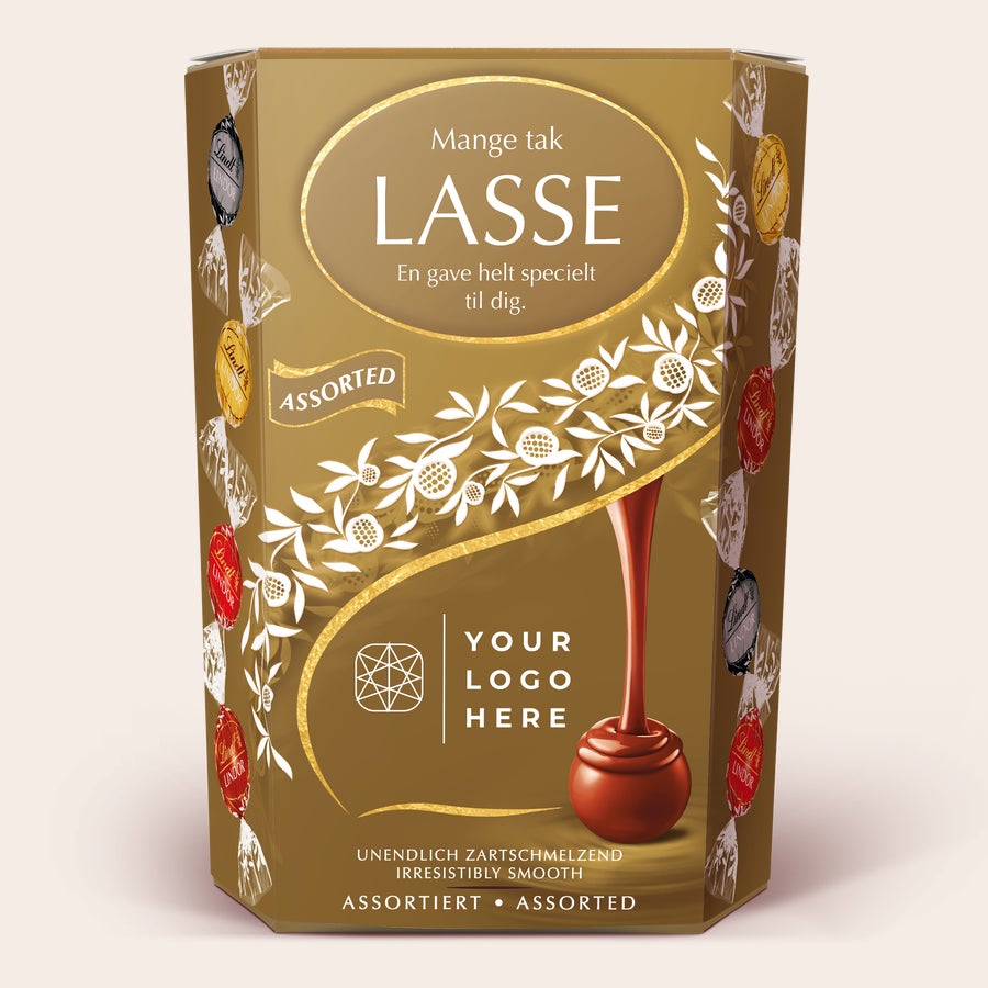Gaveæske med Lindt-chokolade Denne Lindt Chokolade gaveæske er den perfekte gave til chokolade elskere, med "Lasse" og en personlig hilsen printet på æsken.