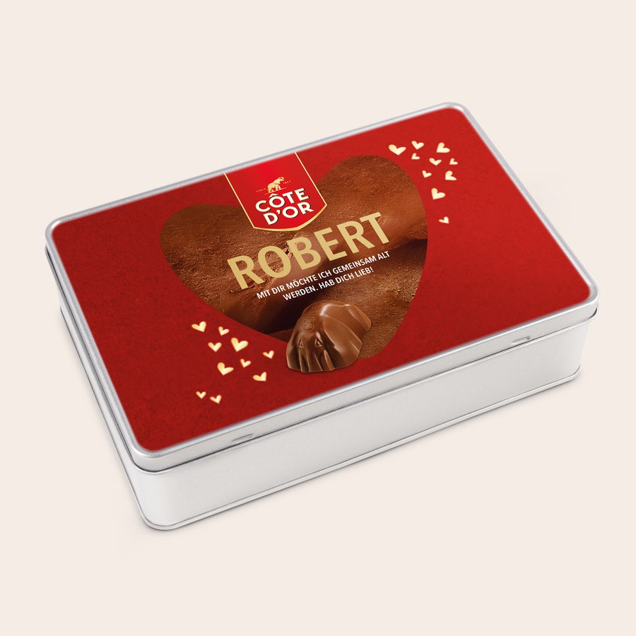 Mini Bouchée Côte d’Or - Personalisierte Geschenkdose Personalisierte Geschenkdose - Rechteckig - Mini Bouchée, bedruckt mit "ROBERT" und Herz-Design