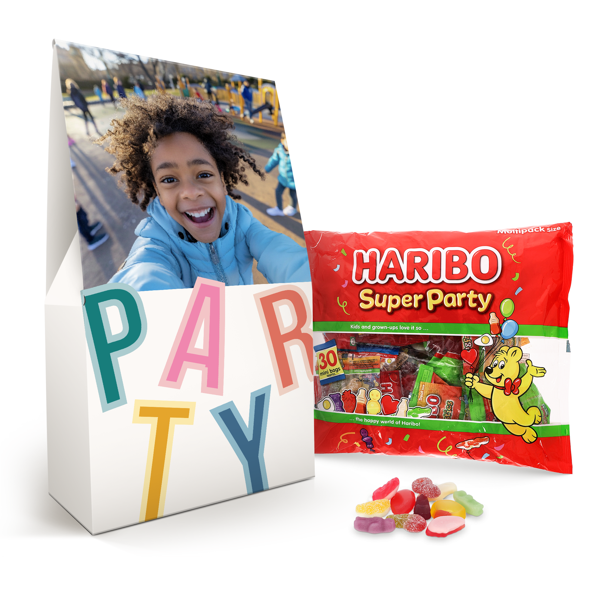 Személyre szabott XL Haribo édesség-ajándékdoboz fotóval és „PARTY” felirattal, nyomtatott mintával.