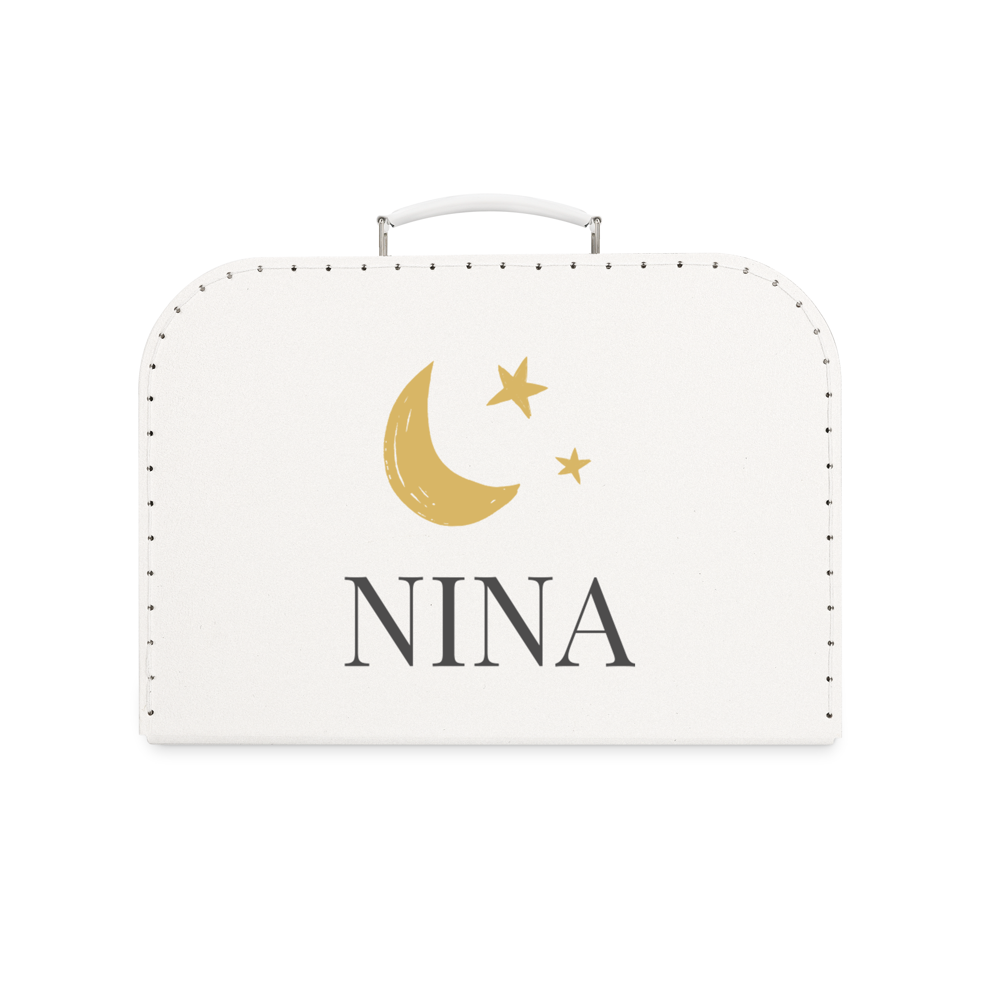 Weißer Kinderkoffer mit dem Namen "NINA" und goldener Mondsichel, zwei Sternen, bedruckt.