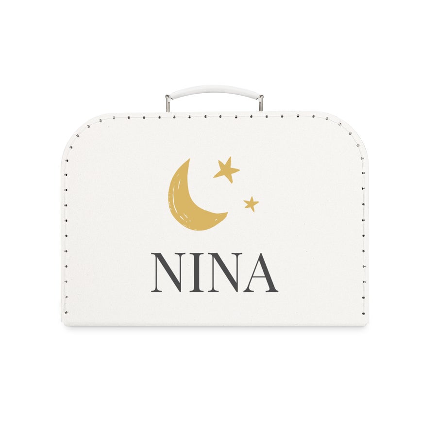 Kinderkoffer Personalisiert Weißer Kinderkoffer mit dem Namen "NINA" und goldener Mondsichel, zwei Sternen, bedruckt.