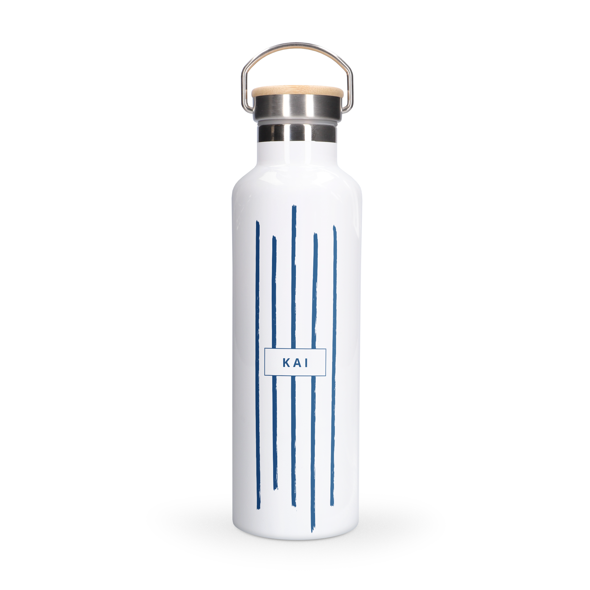White personalized bamboo water bottle with a printed navy blue stripe design and the name Kai