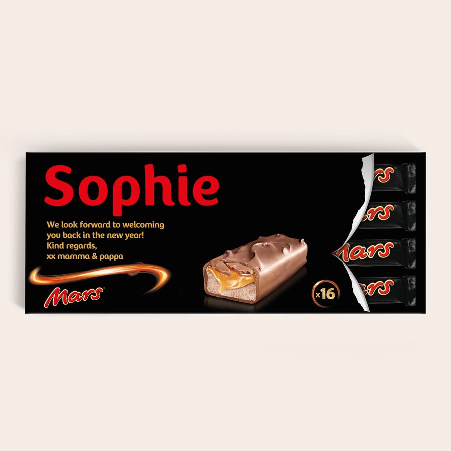 Mega Mars tyčinka s menom a fotografiou Personalizovaná tyčinka Mega Mars s menom Sophie, správou a obrázkom rozrezanej tyčinky, balenie obsahuje 16 kusov.