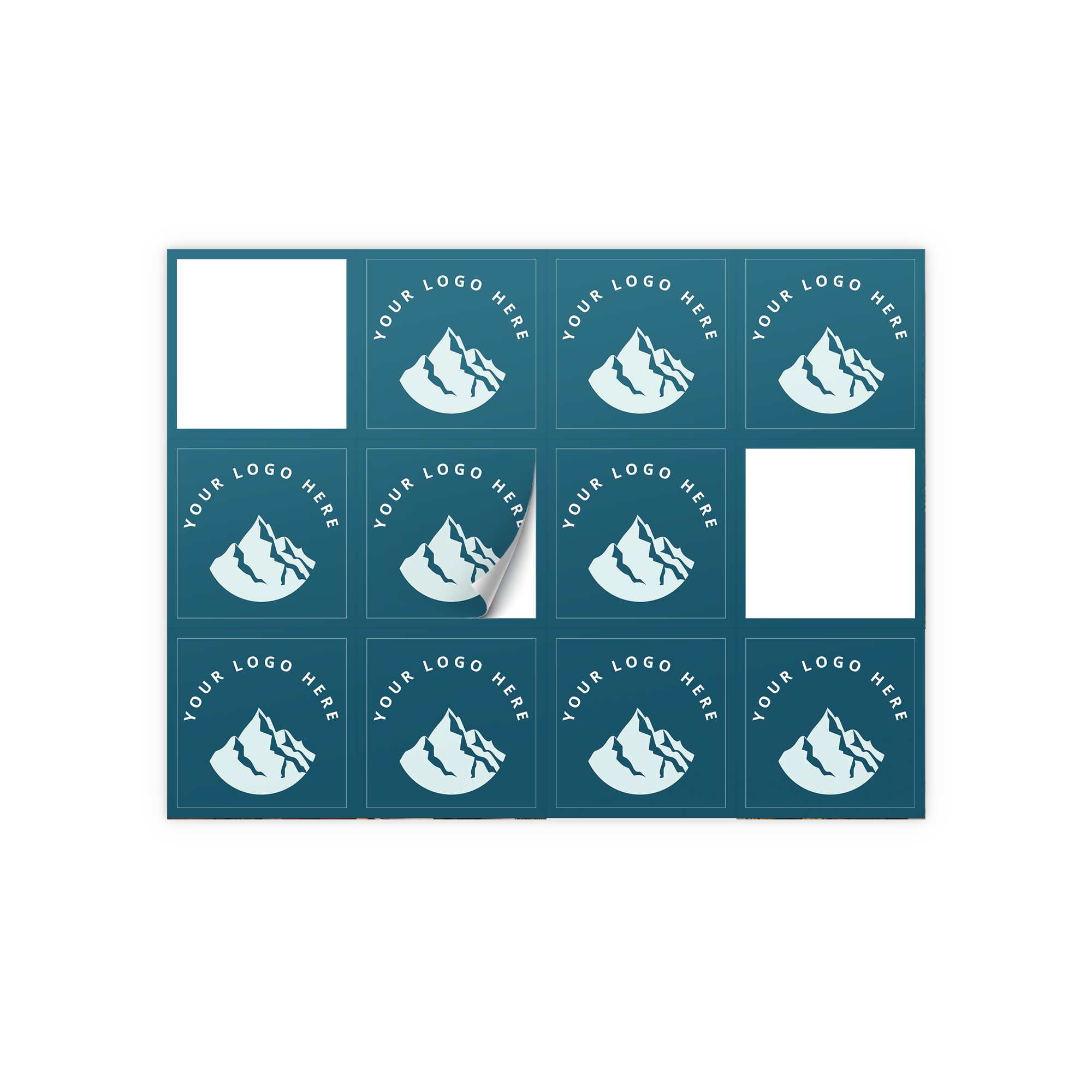 Gepersonaliseerde stickers met jouw design van een berg, met tekst "YOUR LOGO HERE" bedrukt.