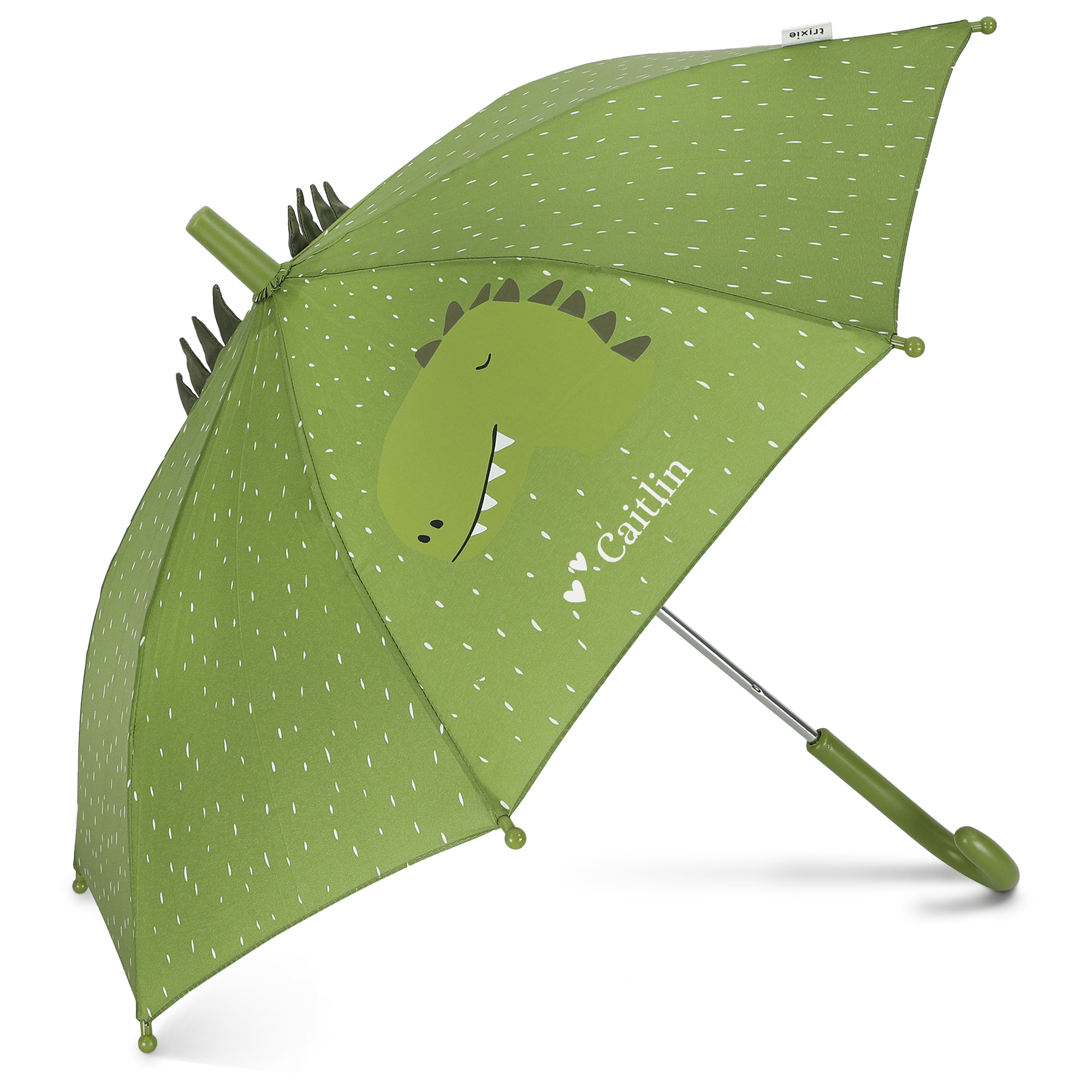 Green dinosaur personalized animal umbrella for children printed with the name Caitlin