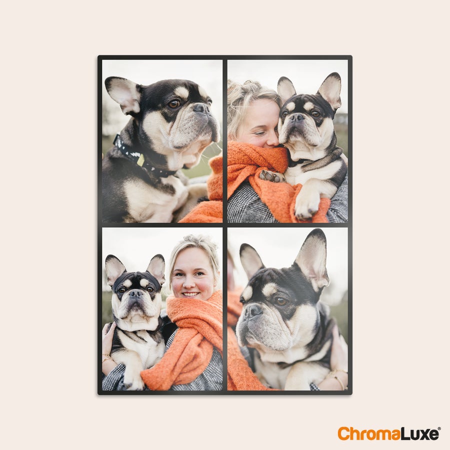 Instagram fotokollage Aluminium Instagram fotokollage med fyra tryckta foton av kvinna och hund för personlig väggdekoration