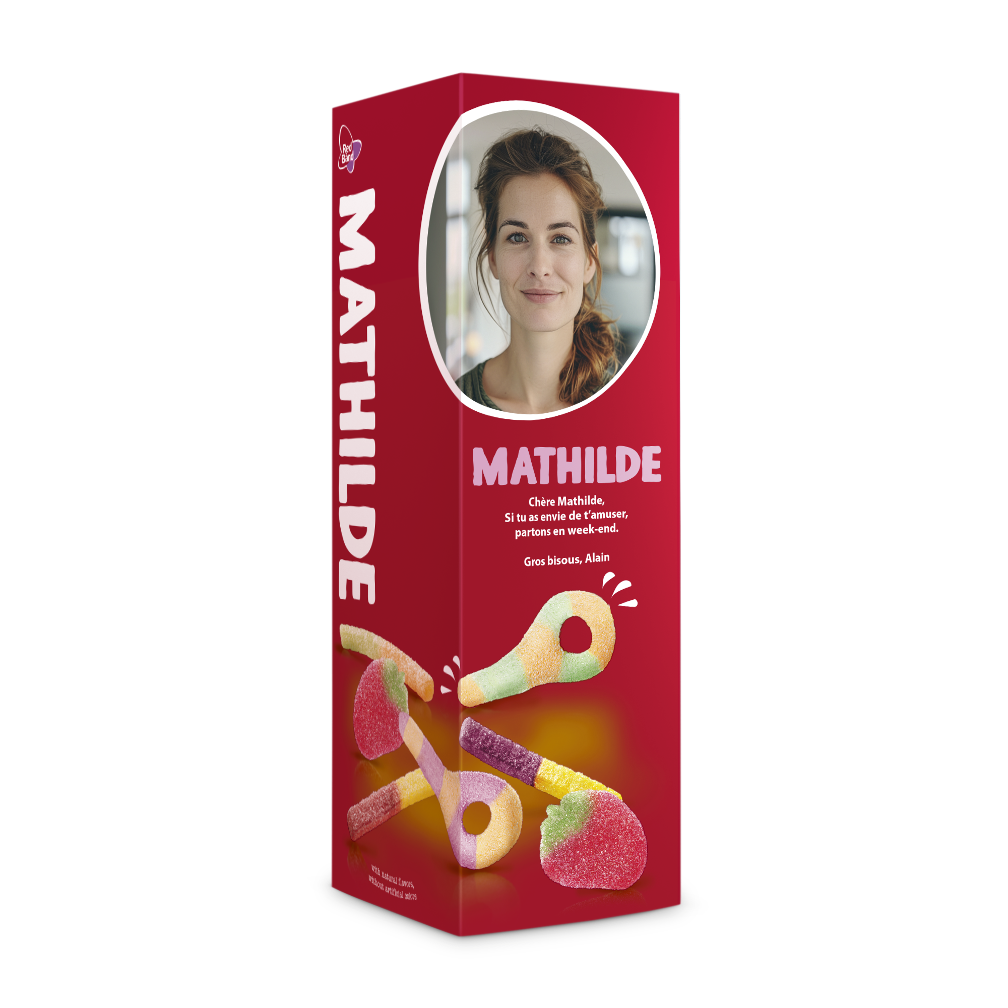 Boîte cadeau de bonbons personnalisée imprimée avec photo de femme et le texte Mathilde