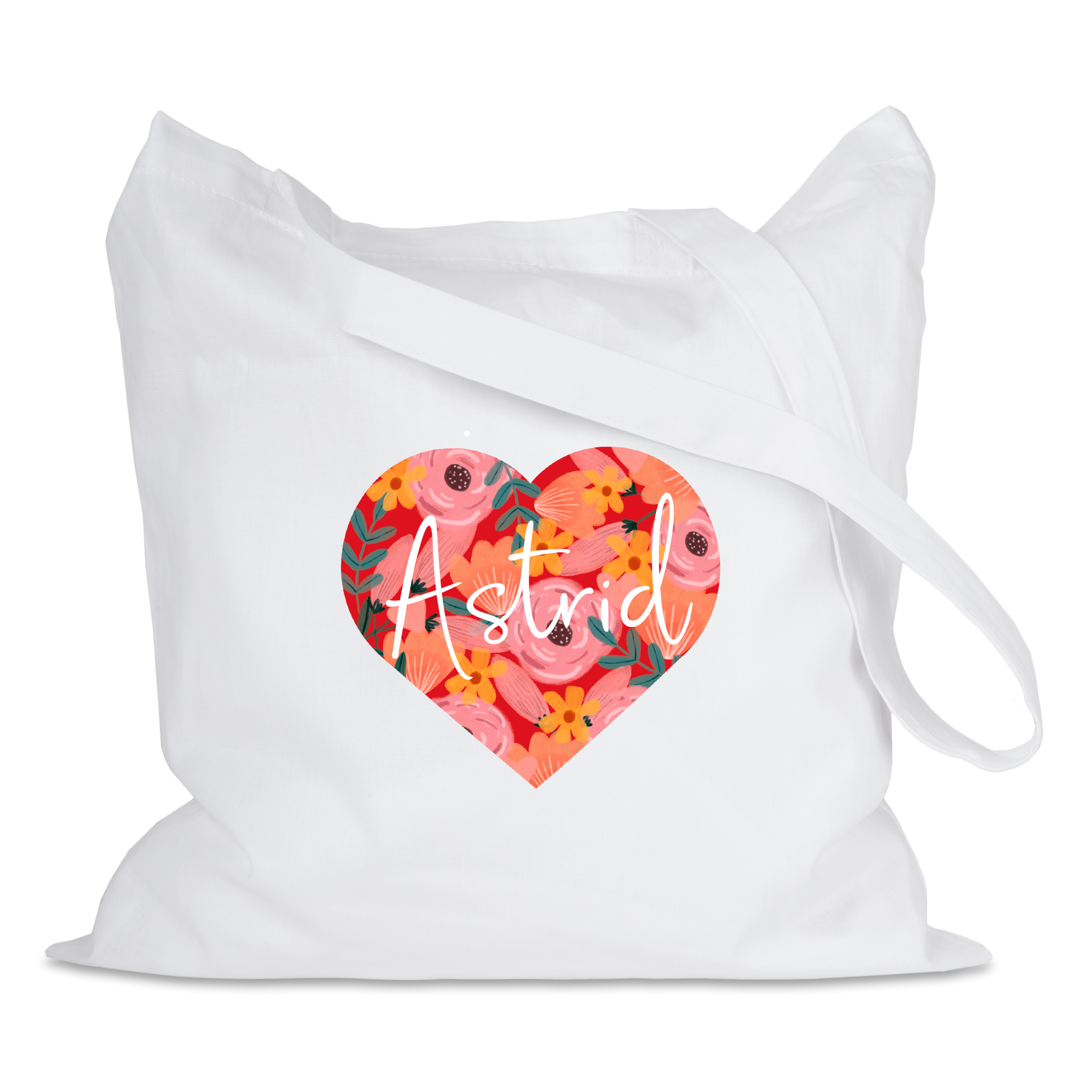 Weißer Stoffbeutel bedruckt mit einem Blumenherz und dem Namen Astrid in Weiß