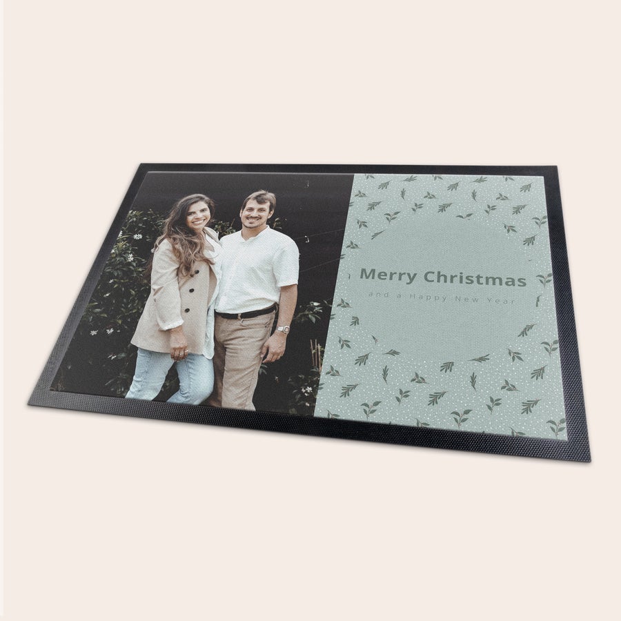 Personalised doormat Custom doormat with a photo of a couple and printed text that reads Merry Christmas and a Happy New Year