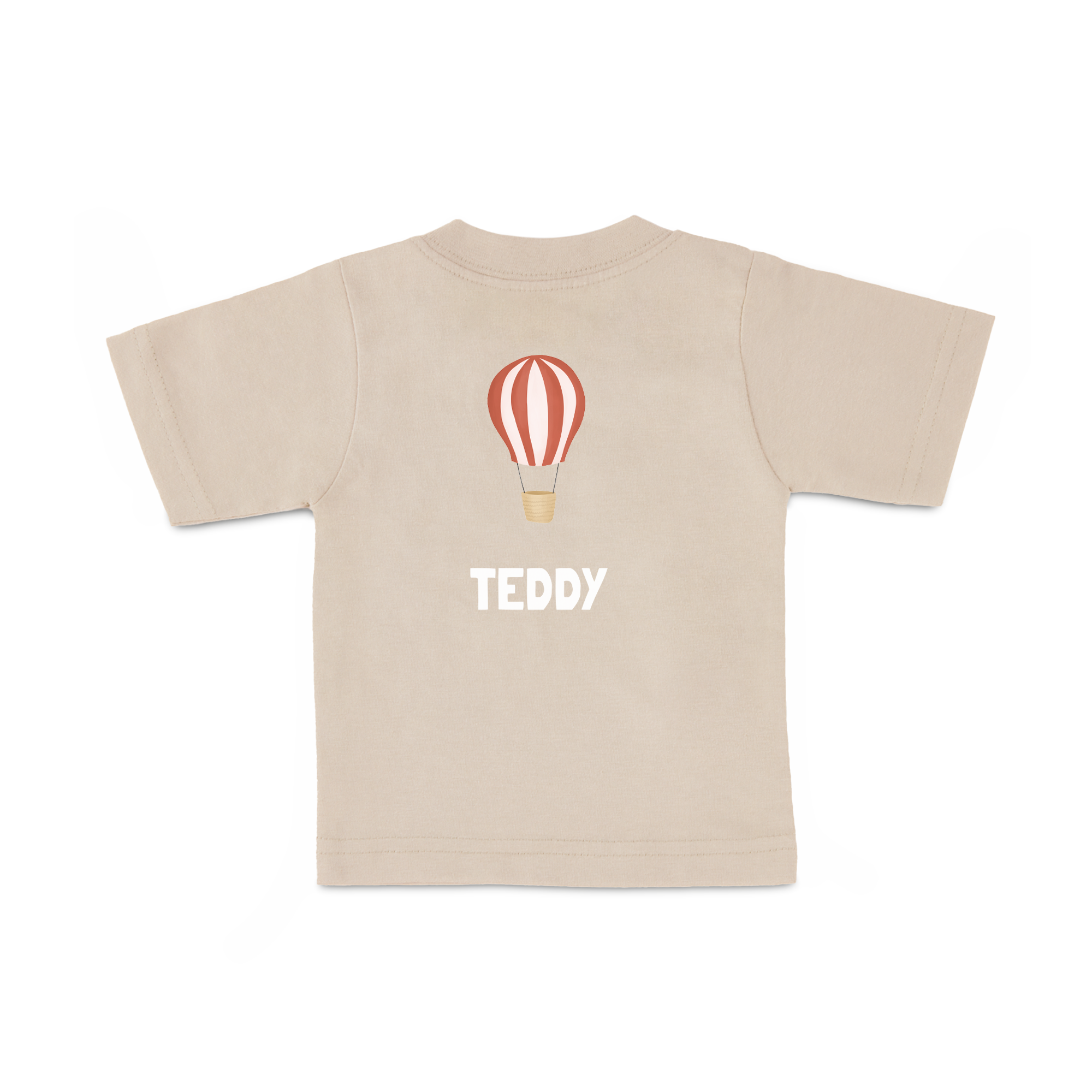 Camiseta de bebé beige personalizada, impresa con globo aerostático rojo y nombre "TEDDY". Tu bebé tendrá un super estilo.
