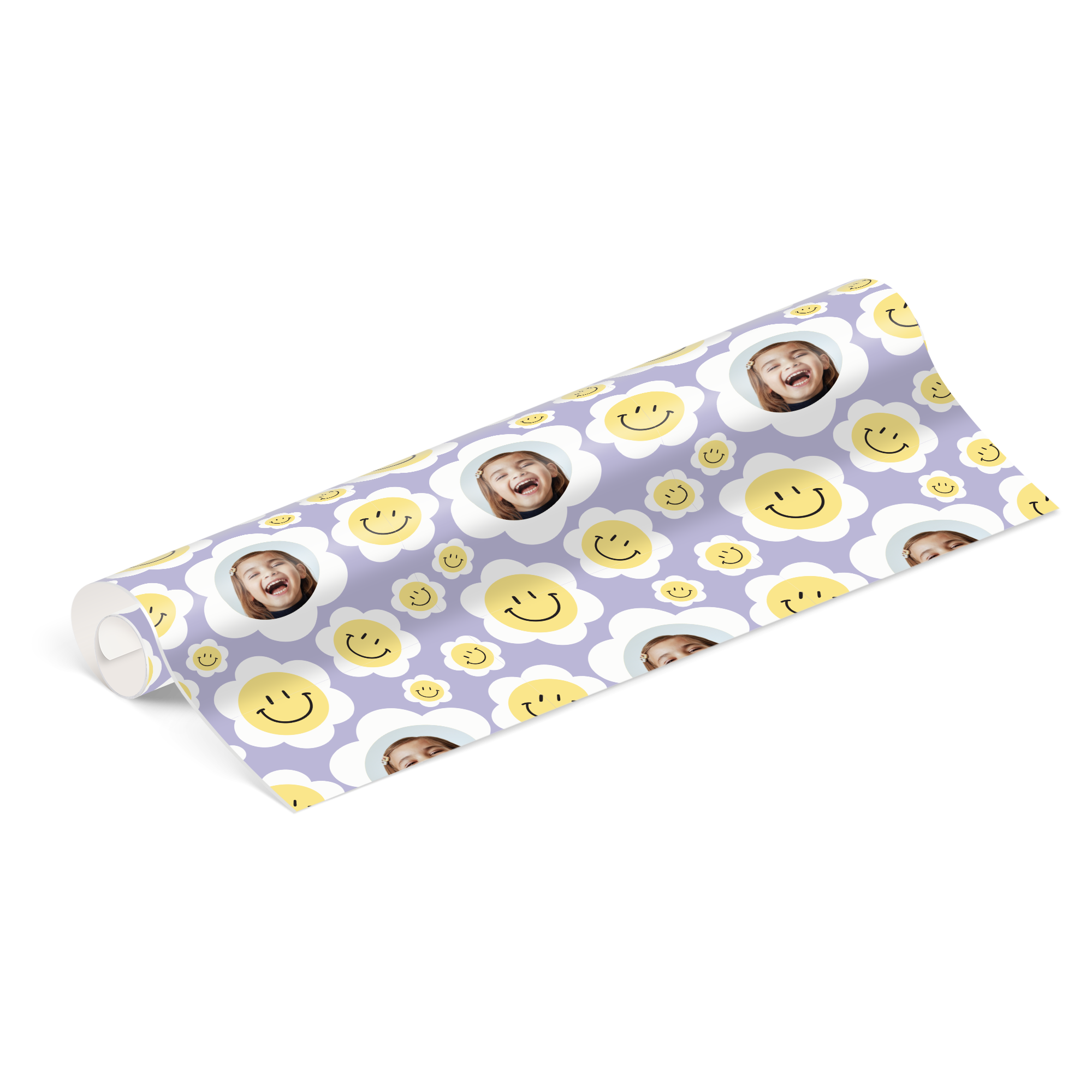 Personalisierbares Geschenkpapier mit Foto im Blumen- und Smiley-Design. Gestalte dein Geschenkpapier mit Foto selbst für eine individuelle Note.