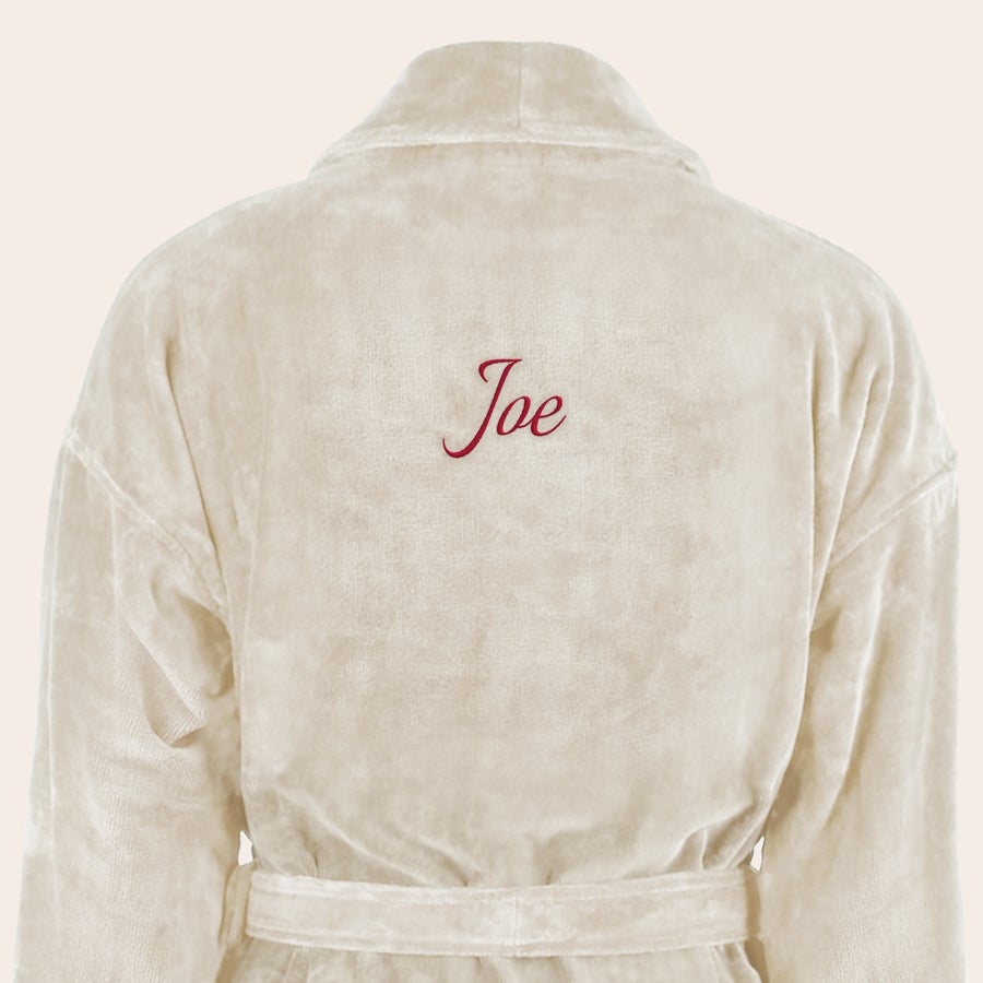 Bathrobe - Men Luxurious personalised bathrobe, beige, embroidered with red text Joe on the back