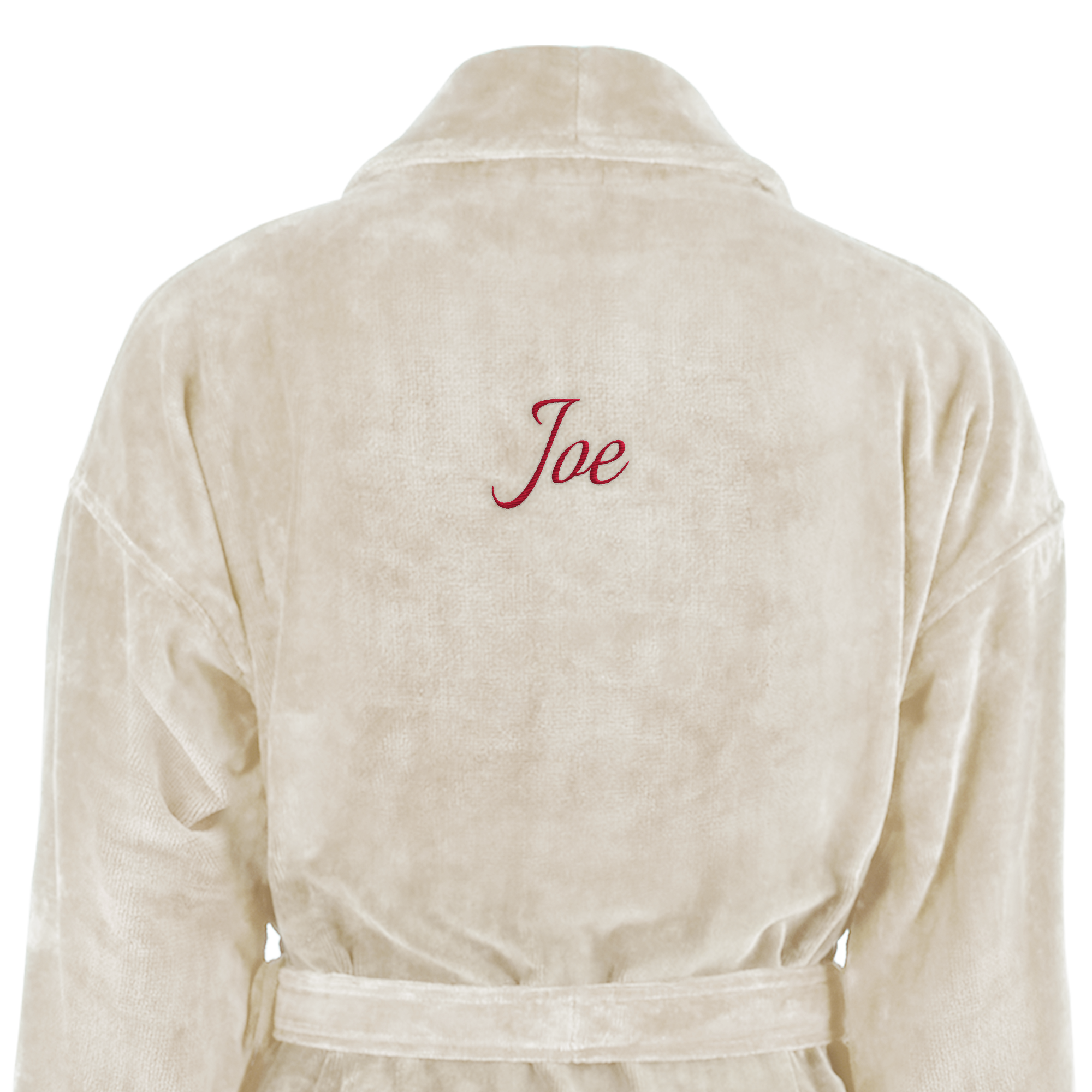Luxurious personalised bathrobe with Joe embroidered in red script on the back