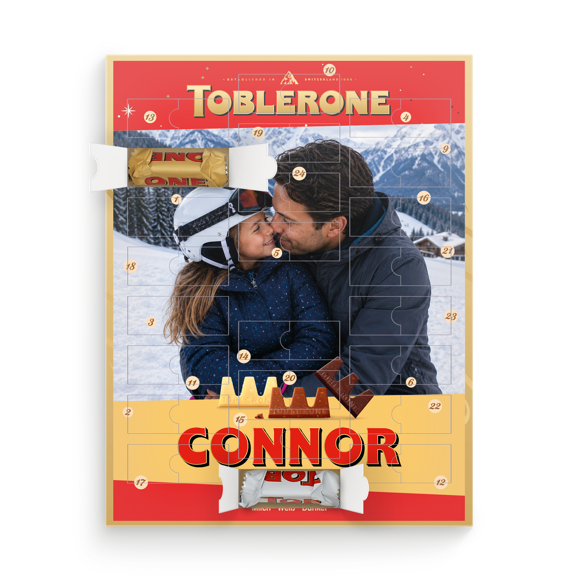 Personalised advent calendar Toblerone brand with a custom photo and the name Connor printed on the front.