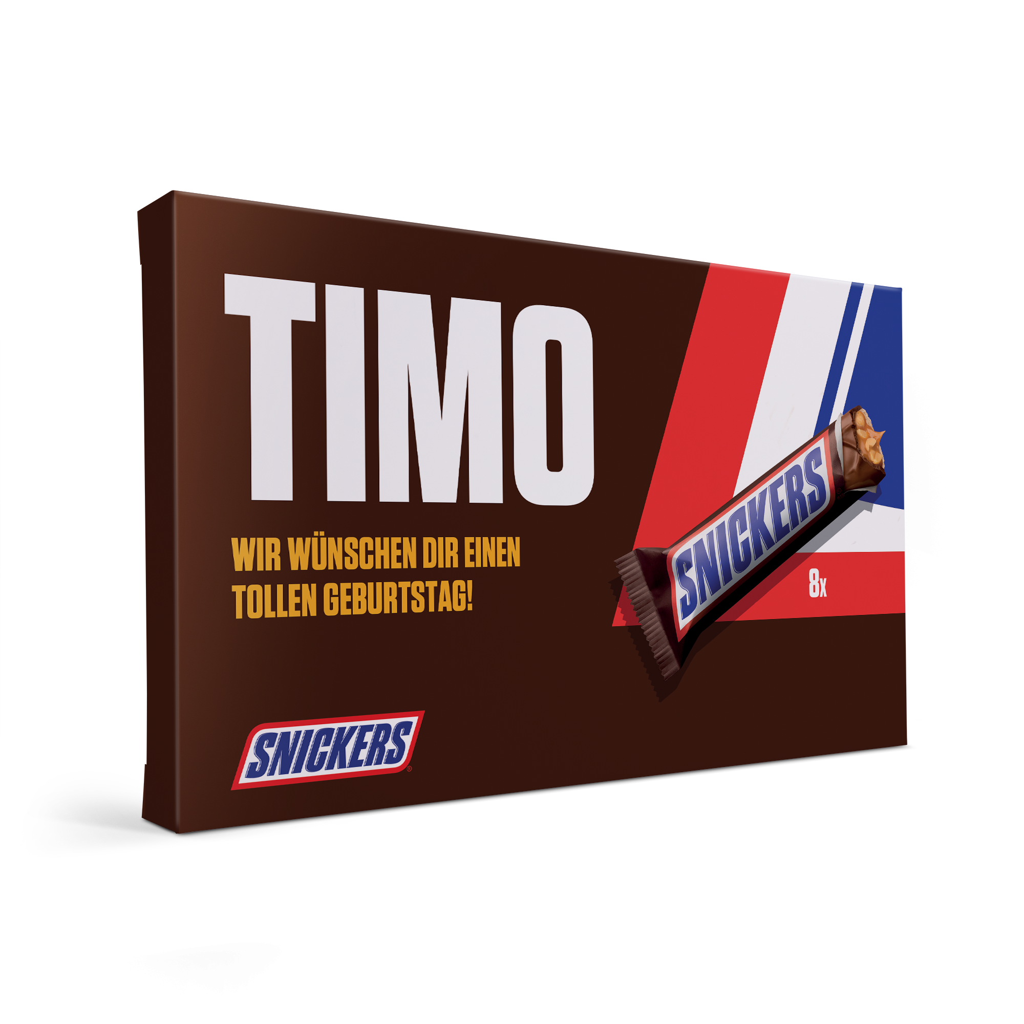 Snickers Geschenkbox mit Timo und "Wir wünschen dir einen tollen Geburtstag" Aufdruck.