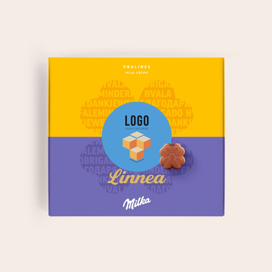 Milka Pralines Takk Personlig si det med Milka gaveeske med navn Linnea og eget bilde, og en sjokoladepralin.