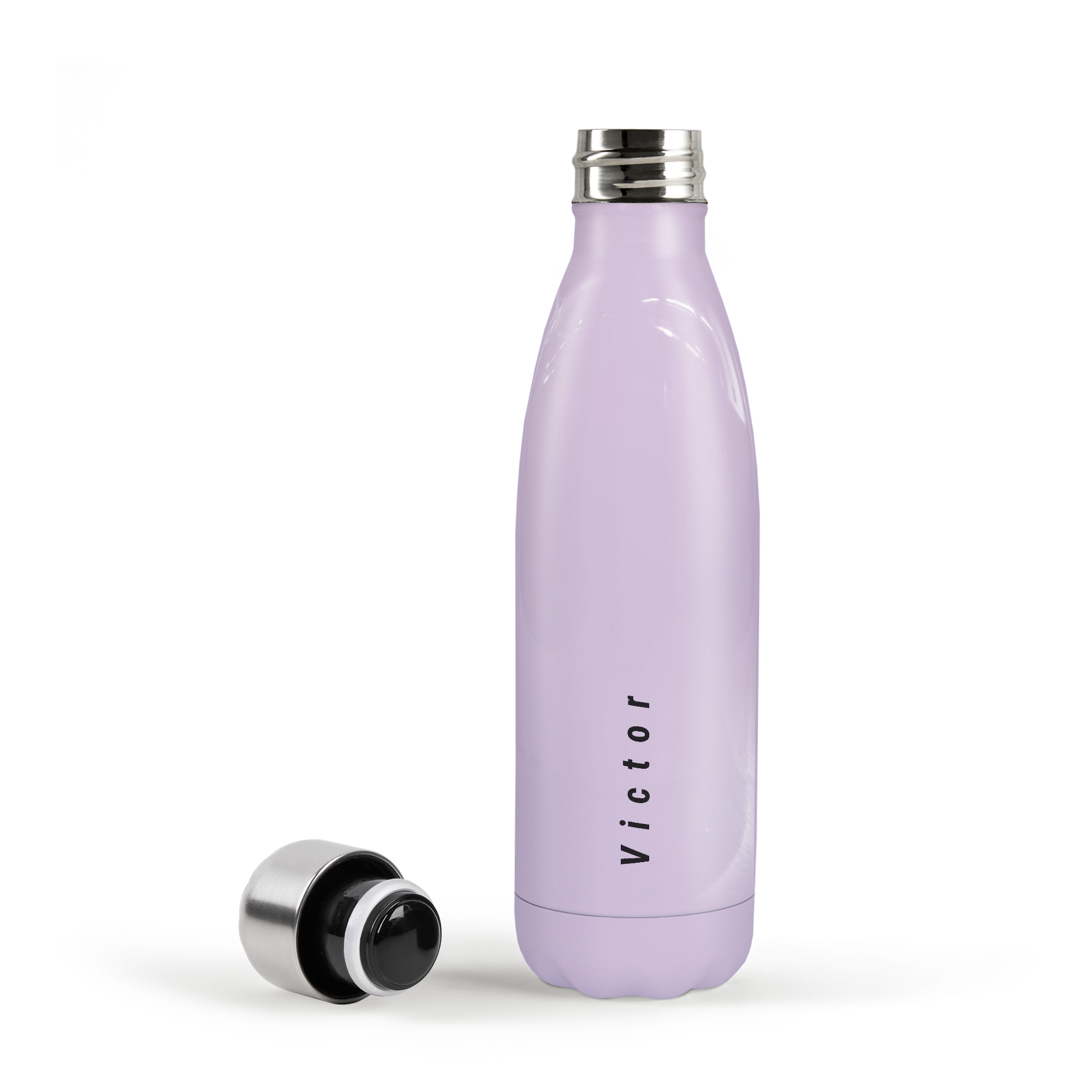 Gourde isotherme personnalisée lilas avec le nom Victor imprimé, bouchon en acier inoxydable