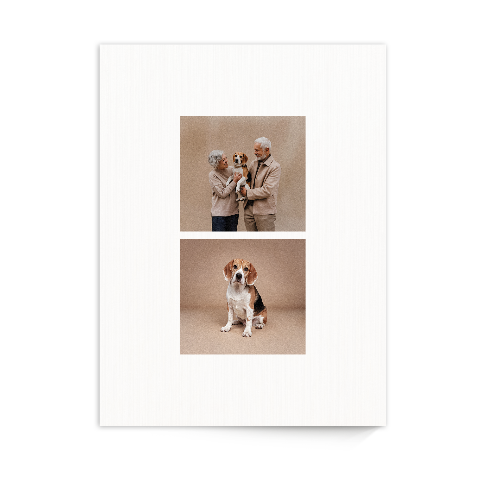 Foto på træ med billede af ældre par og beagle, printet med dit bedste billede på hvidvasket træ.