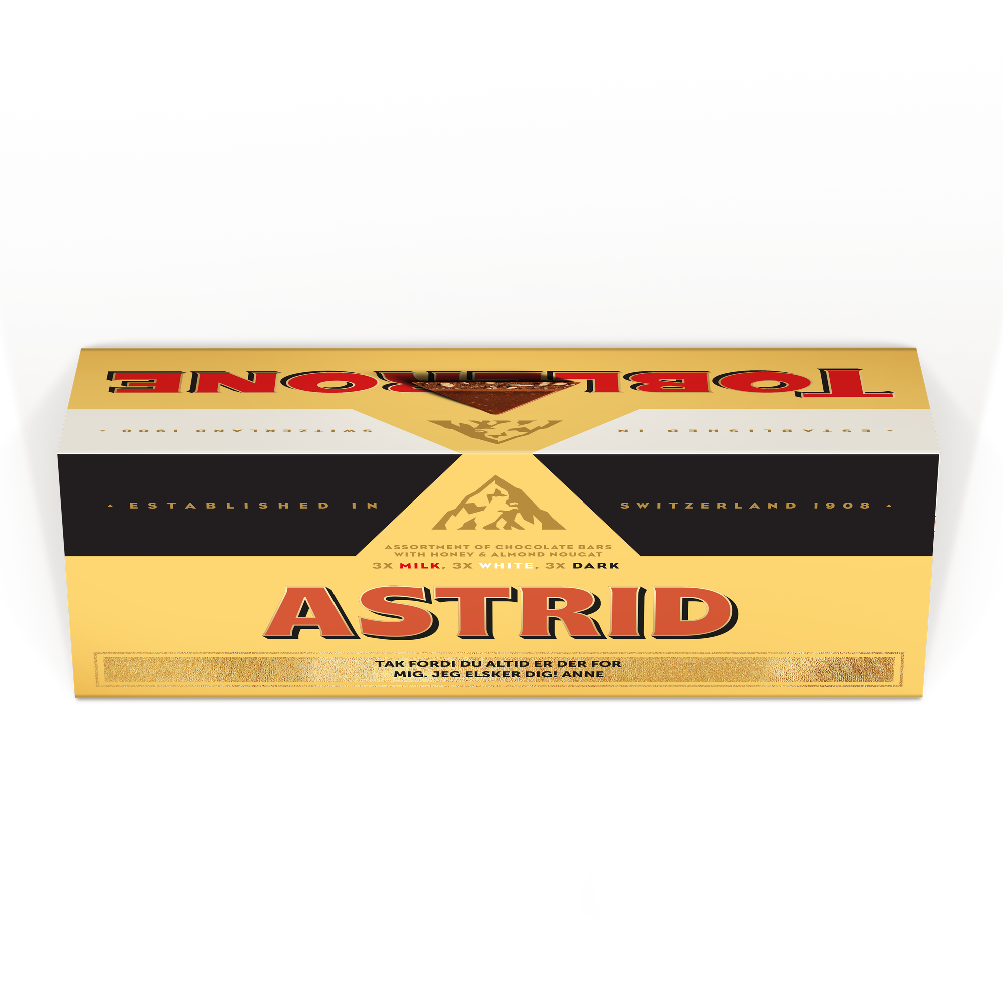 Denne personlige XL Toblerone Selection chokoladebar med navn Astrid og hilsen trykt på emballagen.