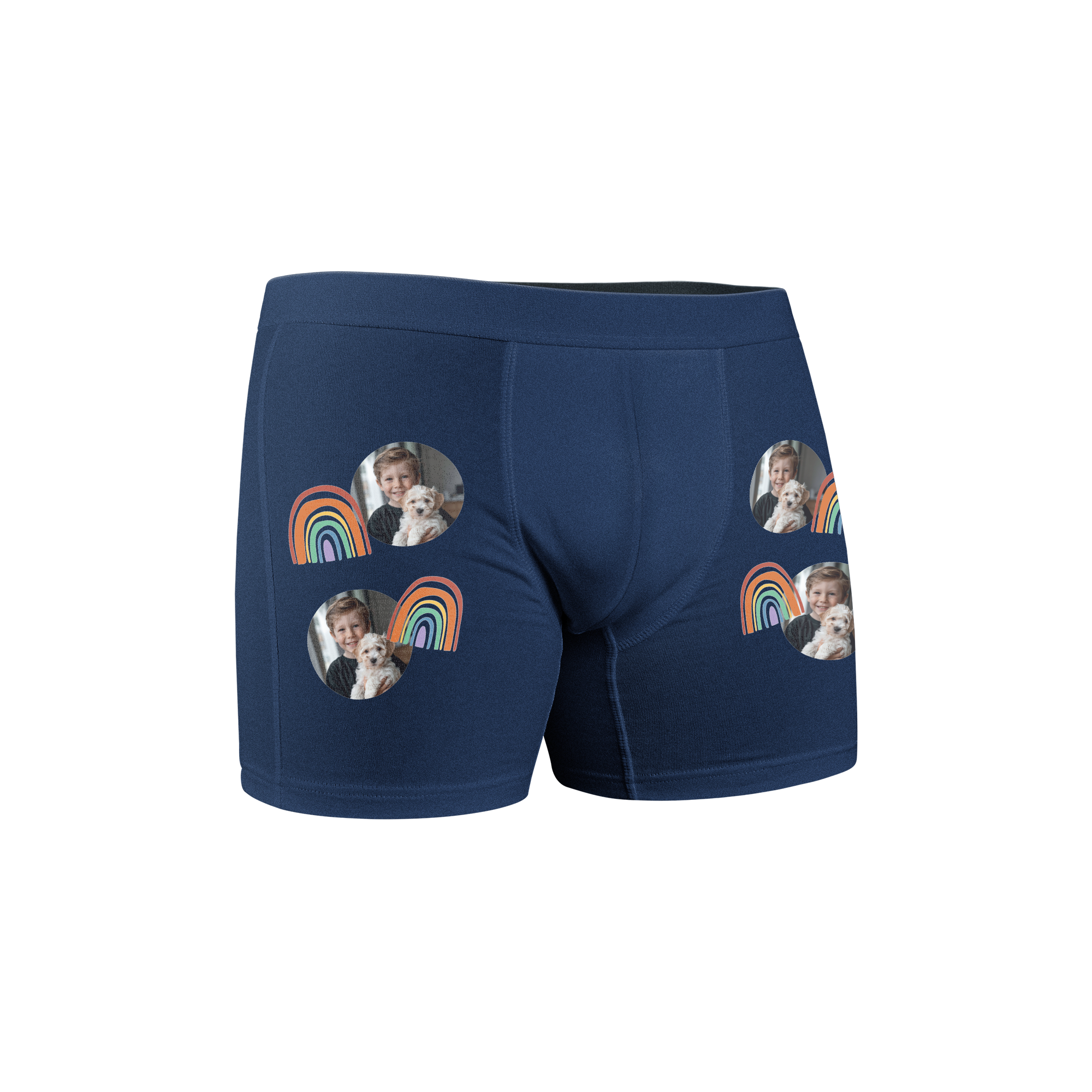 Dunkelblaue personalisierte Boxershorts mit aufgedruckten Fotos eines Jungen mit einem Hund und bunten Regenbogen.
