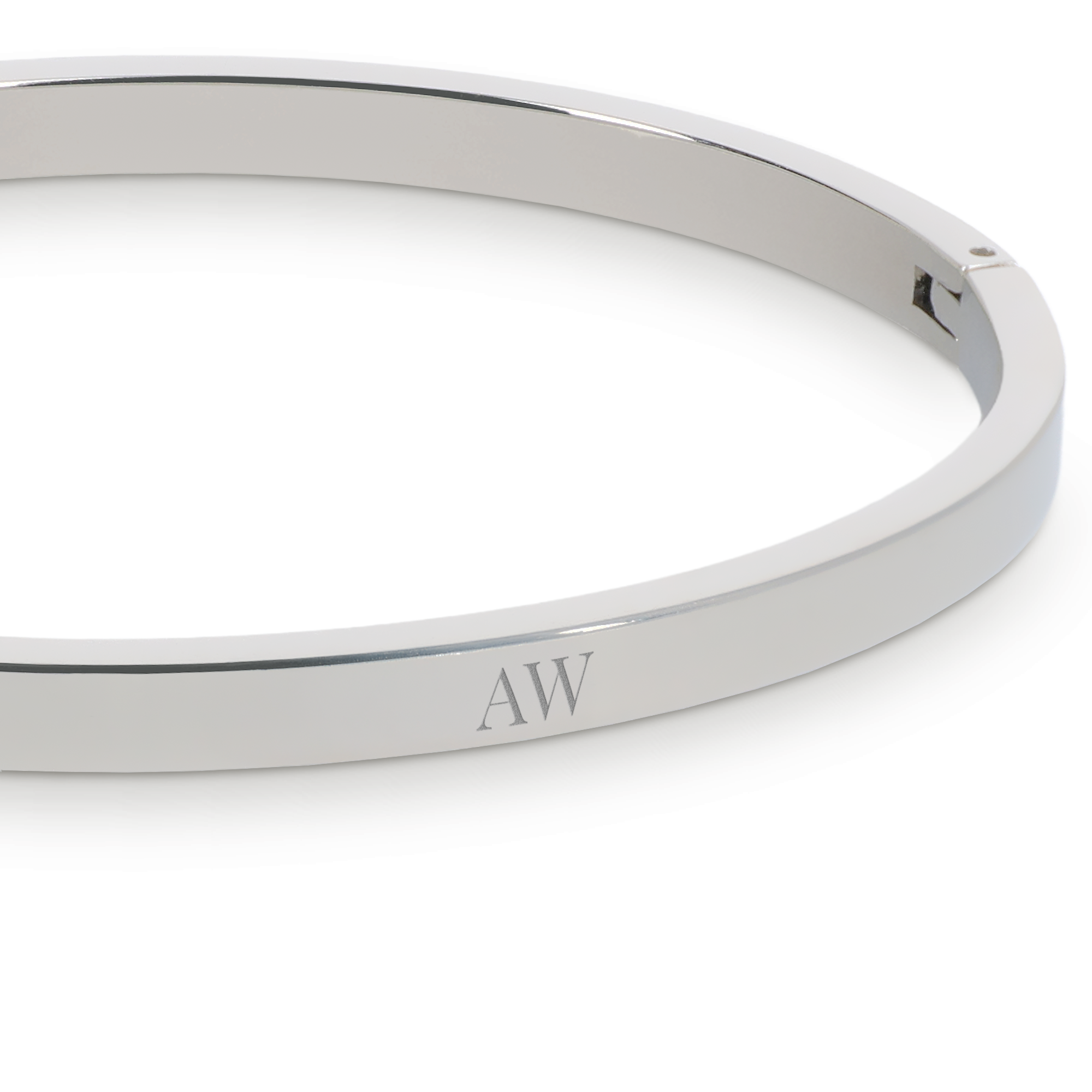 Personalised bangle bracelet - Silver colour, engraved with the initials AW, customizable with your own text