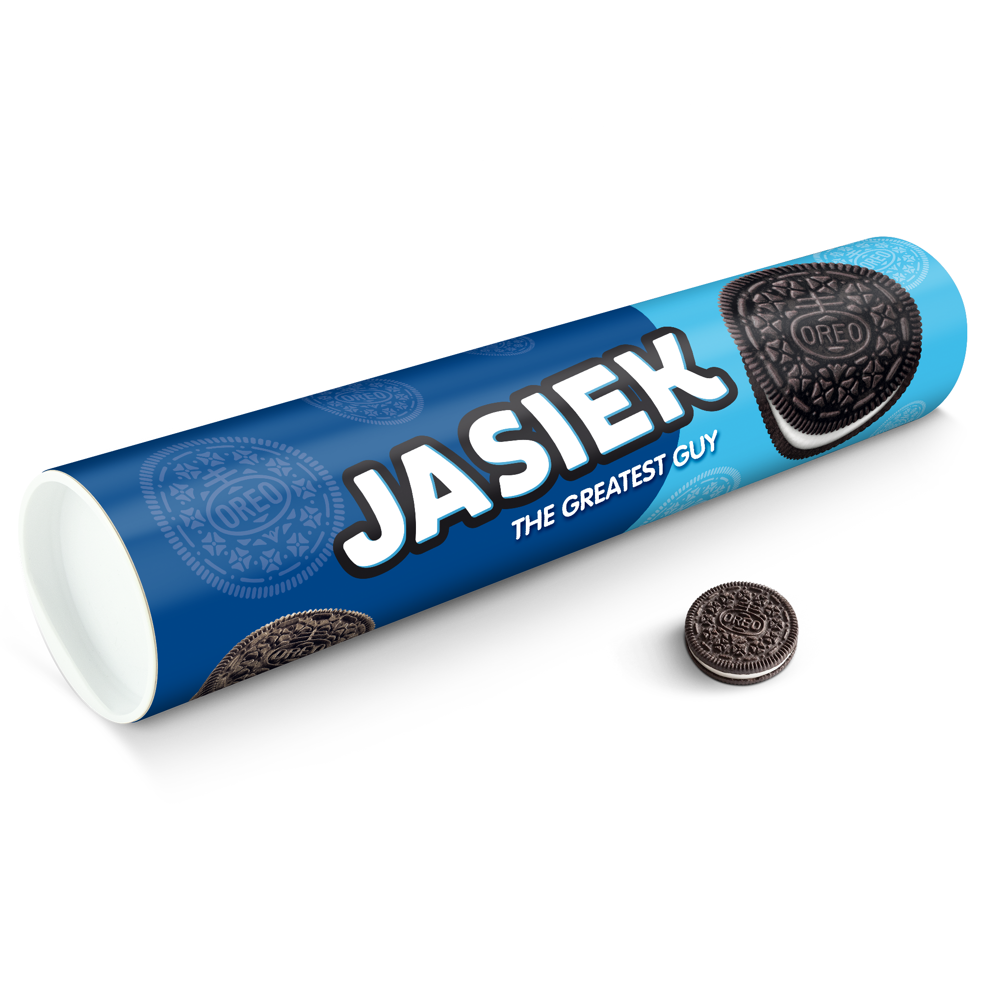 Personalizowana tuba prezentowa Mega Oreo z imieniem Jasiek