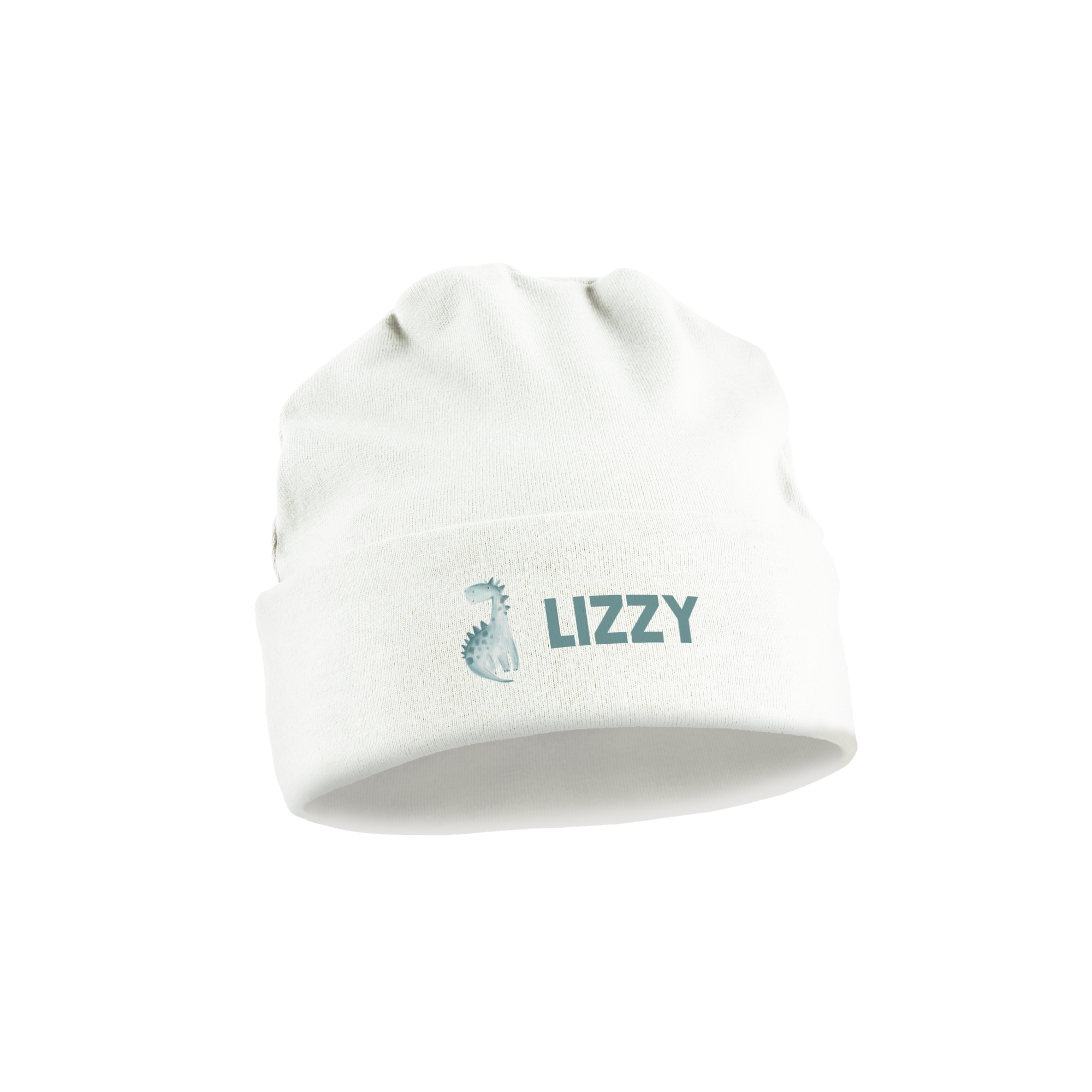 Wit bedrukt babymutsje met een schattige dinosaurus en de gepersonaliseerde naam LIZZY.