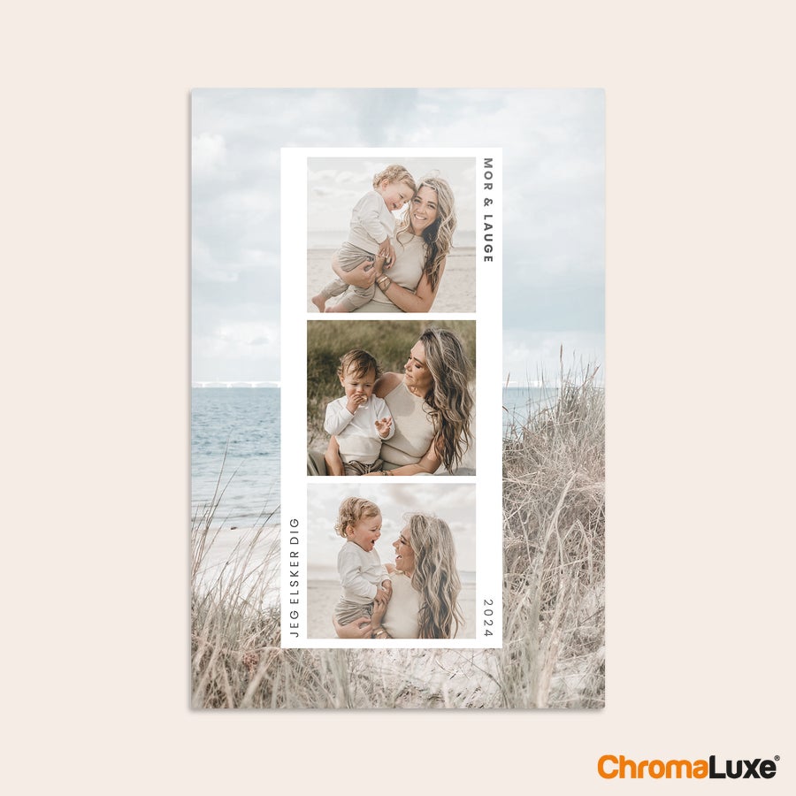 Aluminium fotopanel Chromaluxe aluminium fotoprint med 3 personlige billeder af mor og barn, dato og teksten JEG ELSKER DIG
