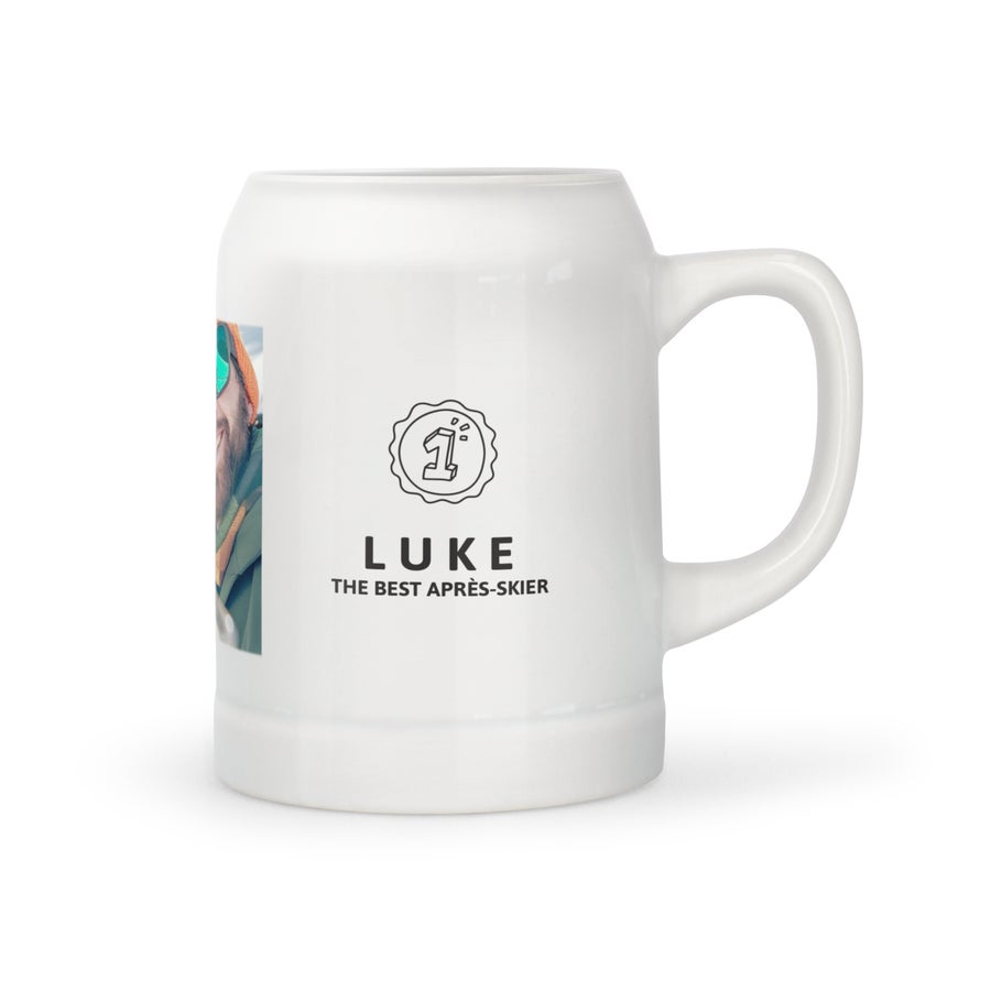 Boccale da Birra con Foto Boccale di birra personalizzato con foto di uomo sorridente, testo LUKE THE BEST APRÈS-SKIER e logo numero 1 stampati come regalo