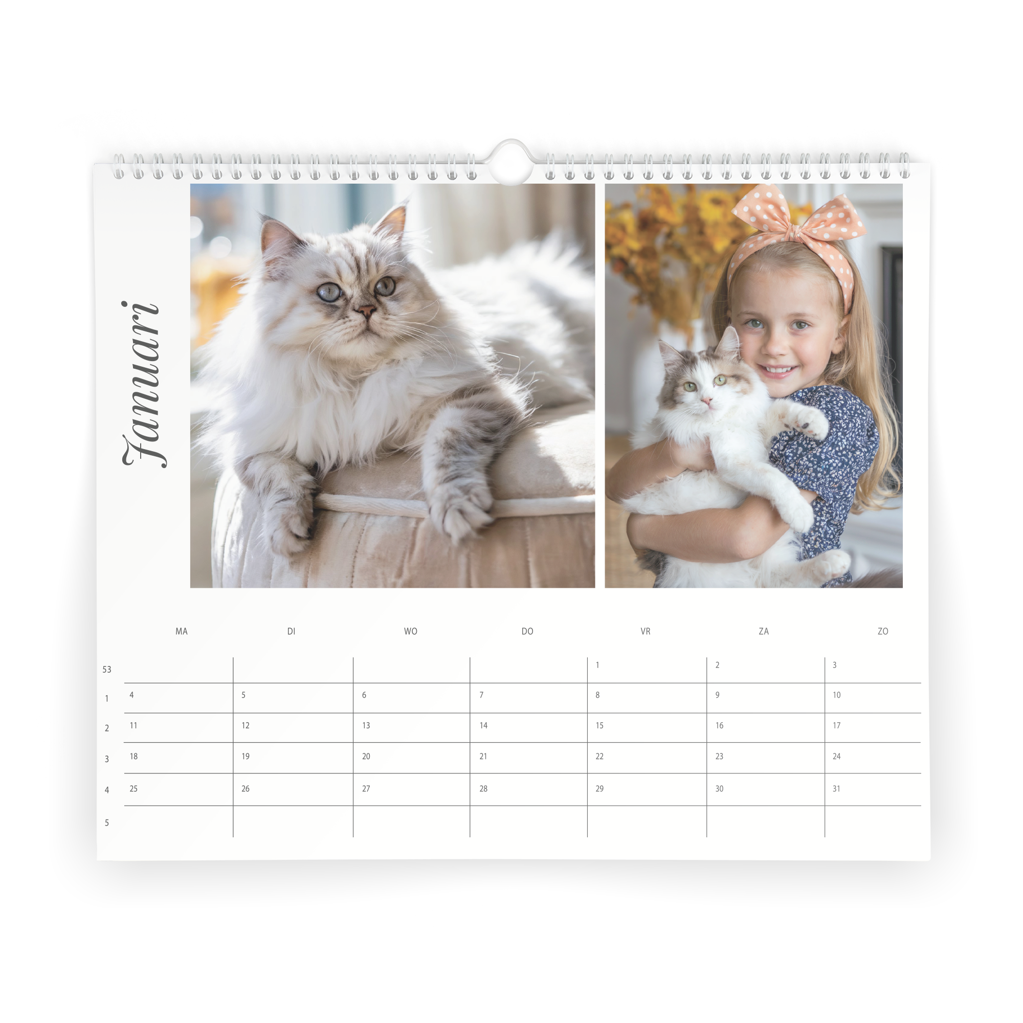 Gepersonaliseerde Fotokalender 2026 Liggend bedrukt met eigen foto van een kat en een kind met maandoverzicht