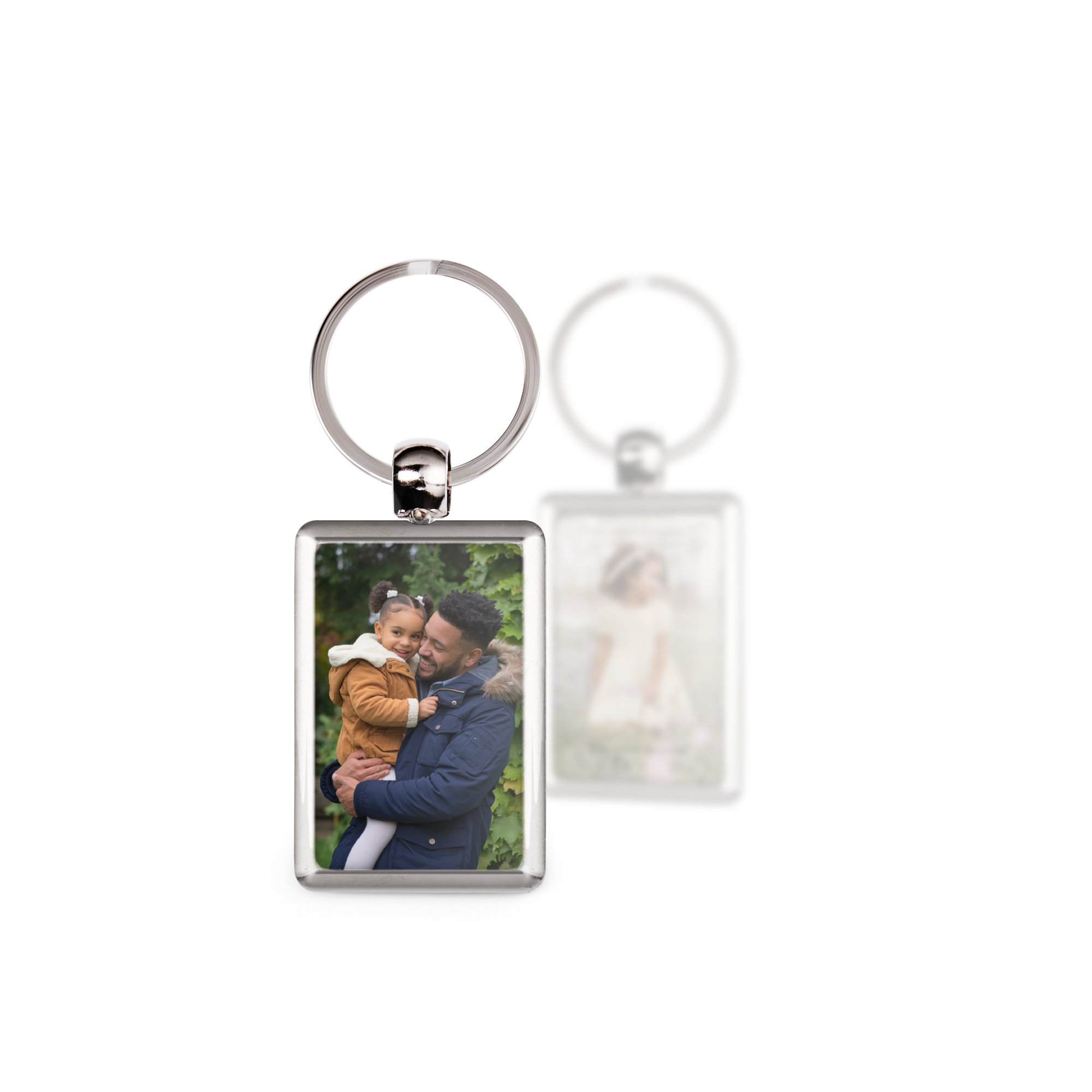 Porte-clé photo en métal pour la Fête des Pères, avec un père et sa fille imprimés sur le recto et le verso