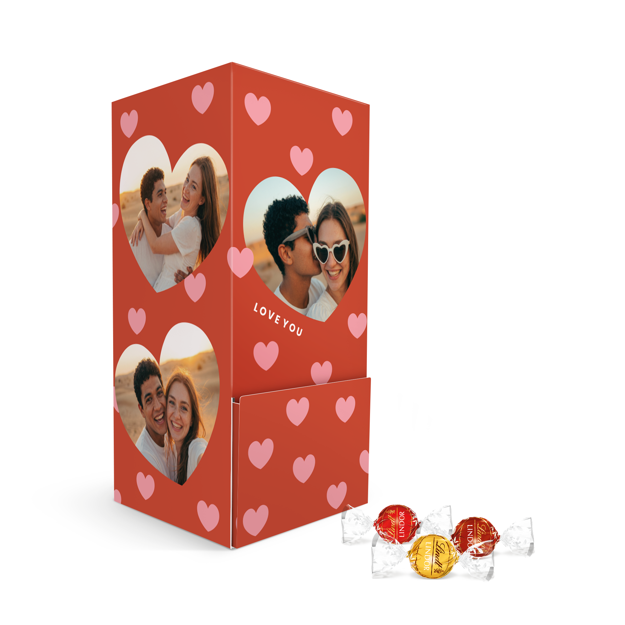 Personalised dispenser with Lindt Assorti Mix chocolate printed with photos and love you text featuring a red design with hearts
