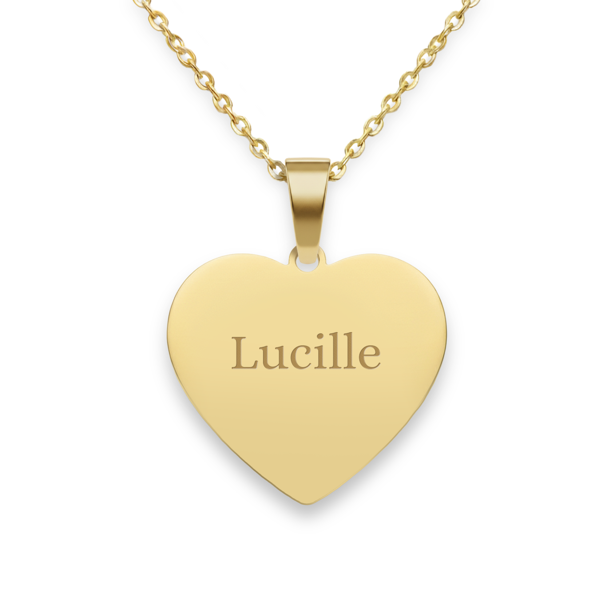 Collier coeur avec nom - Couleur or, en plaqué or, pendentif gravé avec le prénom Lucille. Personnalisable pour un cadeau unique.