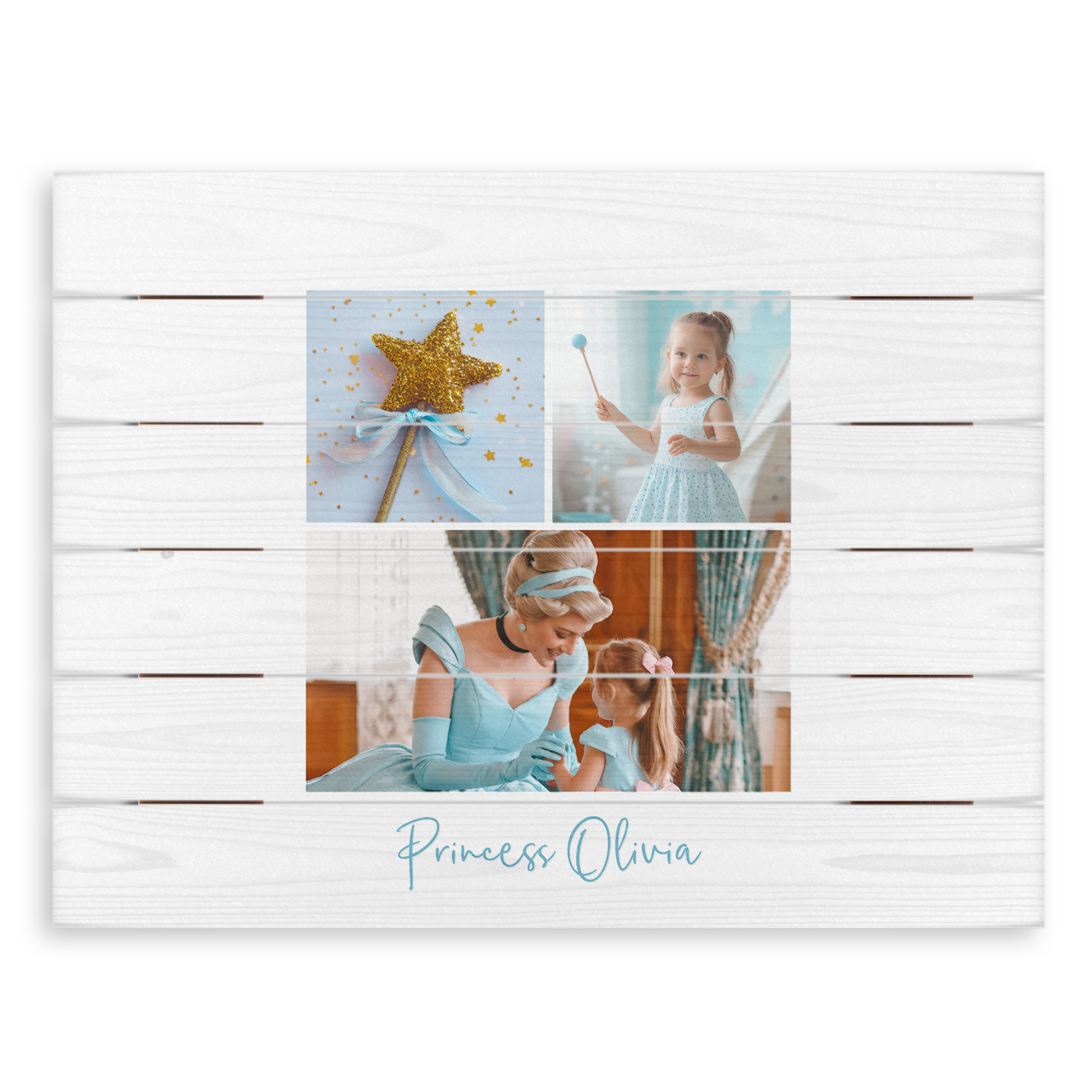 Houten collage met eigen foto's en tekst 'Princess Olivia', geprint met foto's van een meisje en Assepoester.