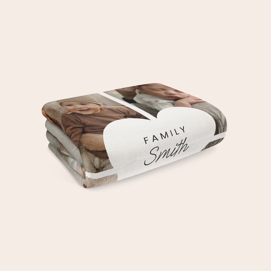 Coperta in pile con foto Coperta in pile personalizzata stampata con foto di famiglia nome Smith su cuore bianco