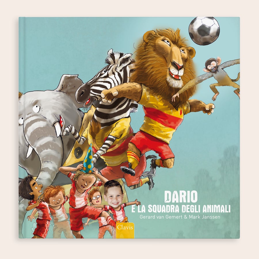 Libro personalizzato per bambini - Your Animal Team - Copertina rigida Copertina libro personalizzato con nome Dario e foto bambino, stampato con animali calciatori, un libro personalizzato dedicato al calcio.