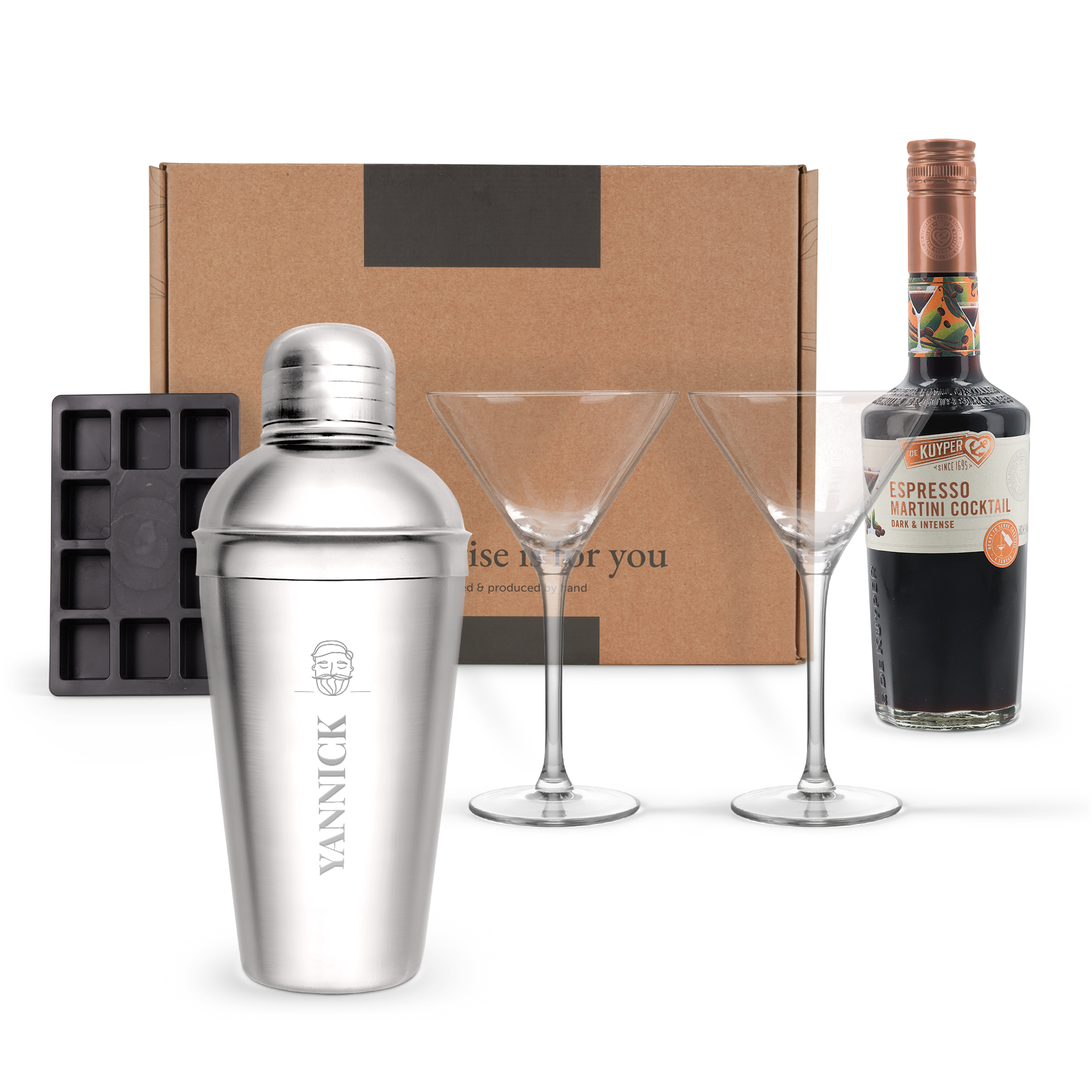 Espresso Martini Cocktailset mit personalisiertem Edelstahlshaker, graviert mit dem Namen Yannick, zwei Gläsern, Eiswürfelform und Espresso Martini Flasche, das perfekte Geschenk für einen Cocktail Fan.