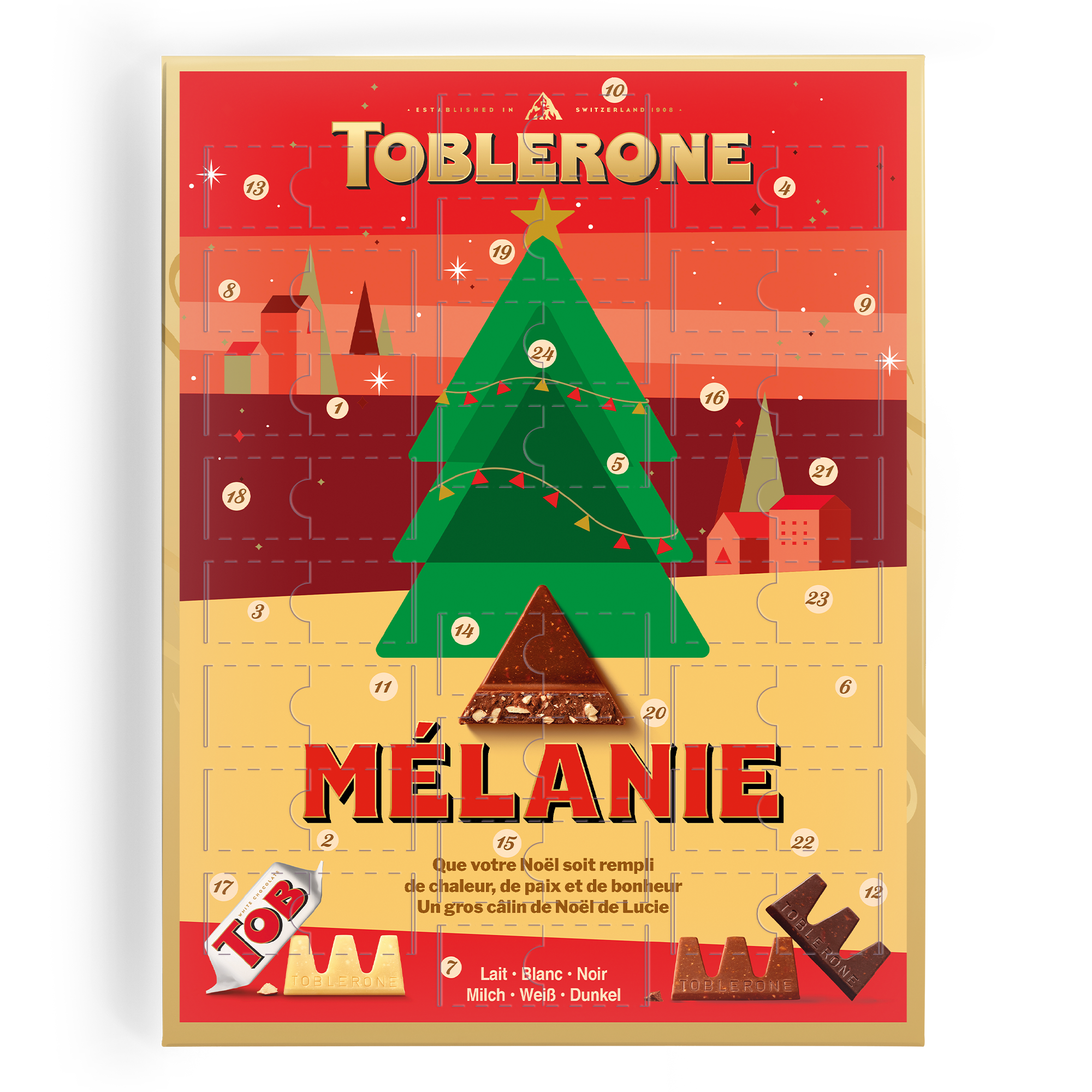 Calendrier de l'Avent Toblerone personnalisé avec le prénom Mélanie, un sapin de Noël et le message imprimé Que votre Noël soit rempli de chaleur.