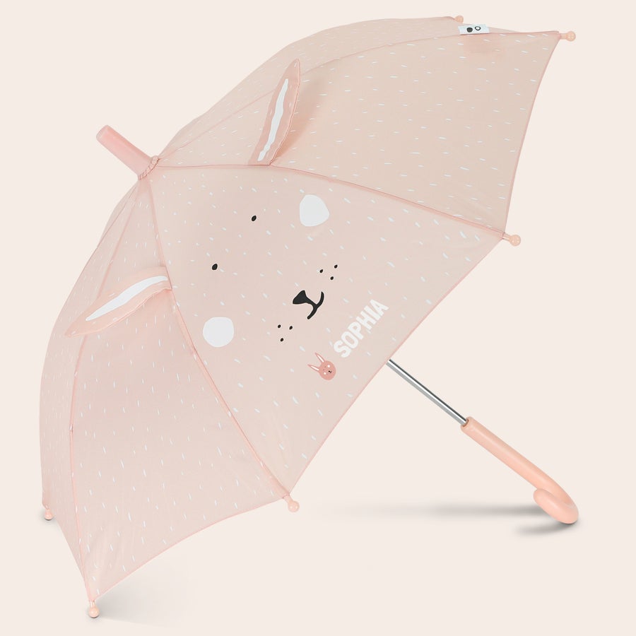 Umbrelă pentru Copii Personalizată - Trixie Umbrelă roz, pentru copii, cu față de iepure, urechi și numele "SOPHIA" imprimat, pentru plimbarea în ploaie.