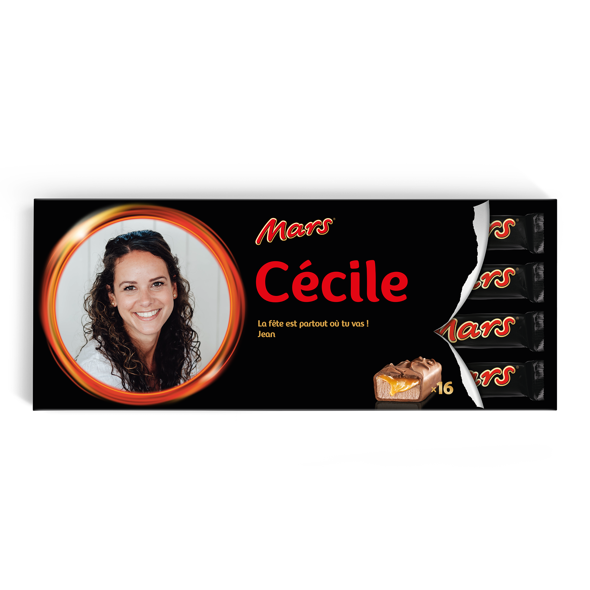 Barre de chocolat Mars XXL personnalisée avec photo de Cécile et texte imprimé "La fête est partout où tu vas !"
