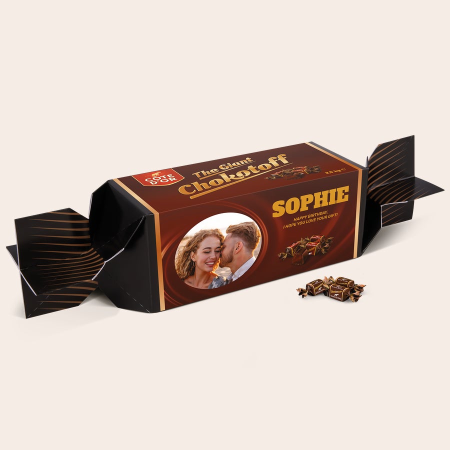 Personalised Chokotoff toffee gift Personalised giant Chokotoff Toffee box with a custom photo and Happy Birthday message printed.
