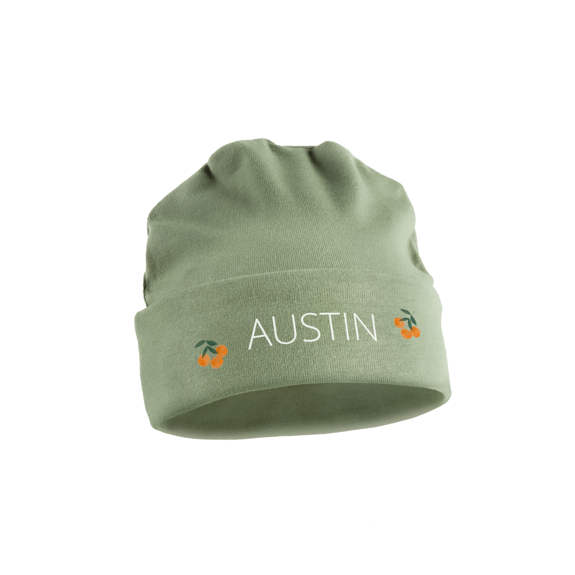 Pălărie bebeluși verde mentă personalizată cu numele AUSTIN imprimat și cireșe pe lateral.