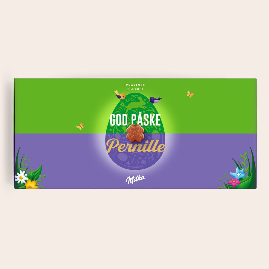 Milka Pralines Påske Personlig Sig det med Milka chokolade gaveæske til påske, med teksten God Påske Pernille og blomster-design