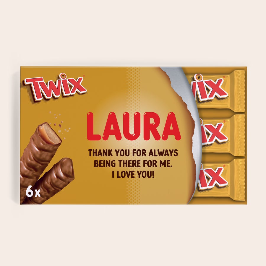 Personalizovaná XXL Twix čokoládová tyčinka Twix dárková krabička se jménem a fotografií s nápisem Laura a osobní zprávou.