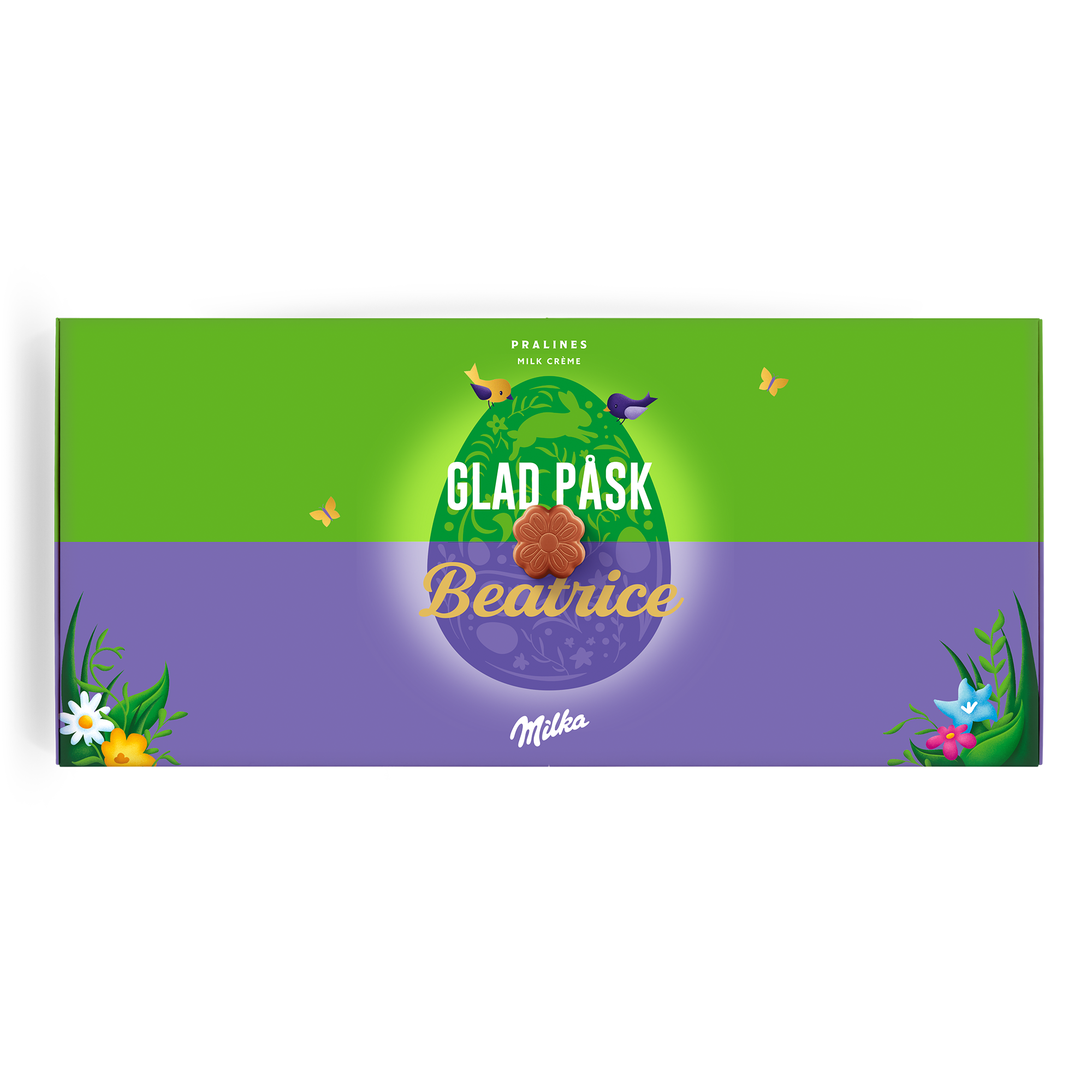 Personlig Say it with Milka-chokladpresentförpackning med texten "Glad Påsk Beatrice" och blommor, tryckt med namn.