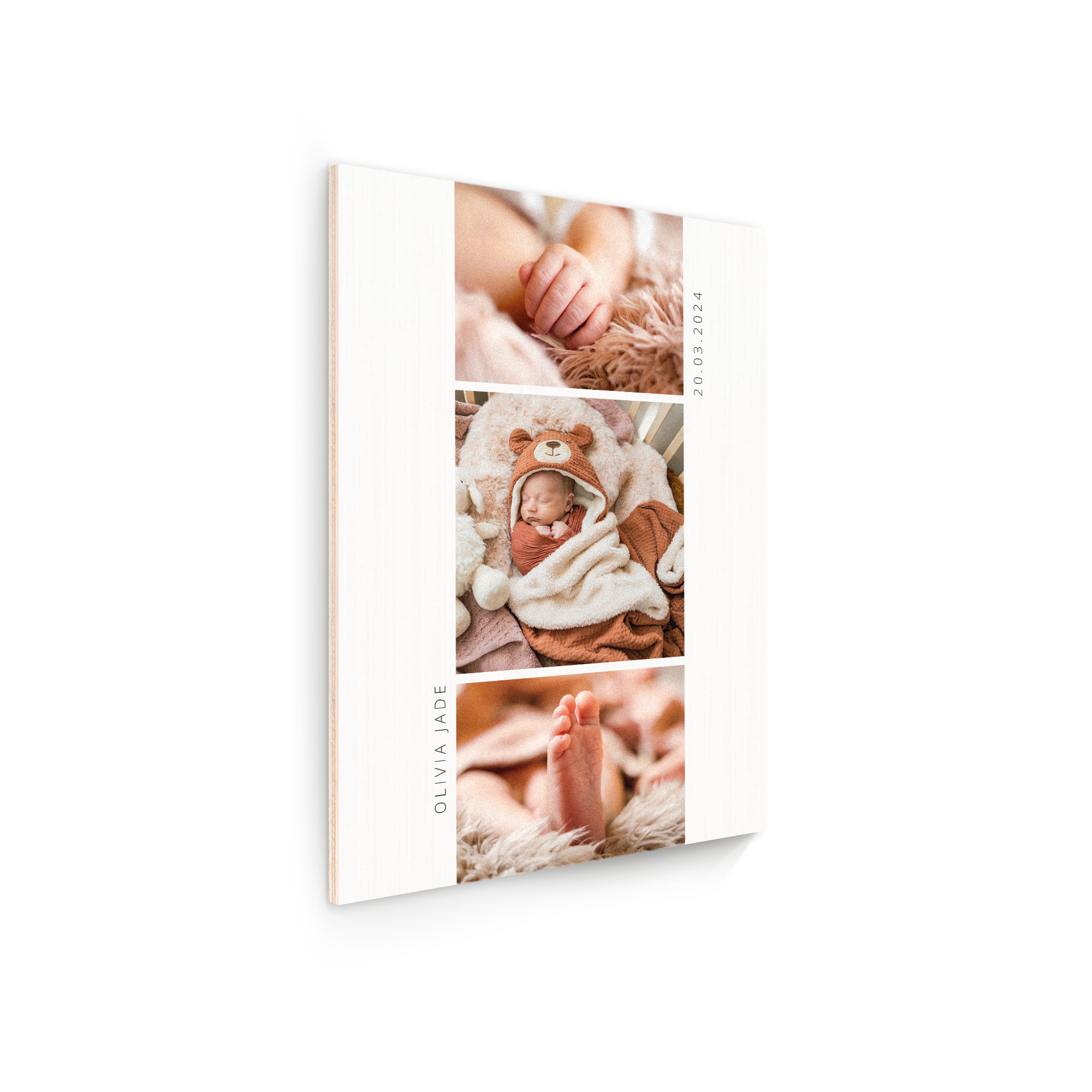 Houten fotopaneel met drie foto's van een baby en de namen Olivia Jade en 20 03 2024 erop gedrukt.